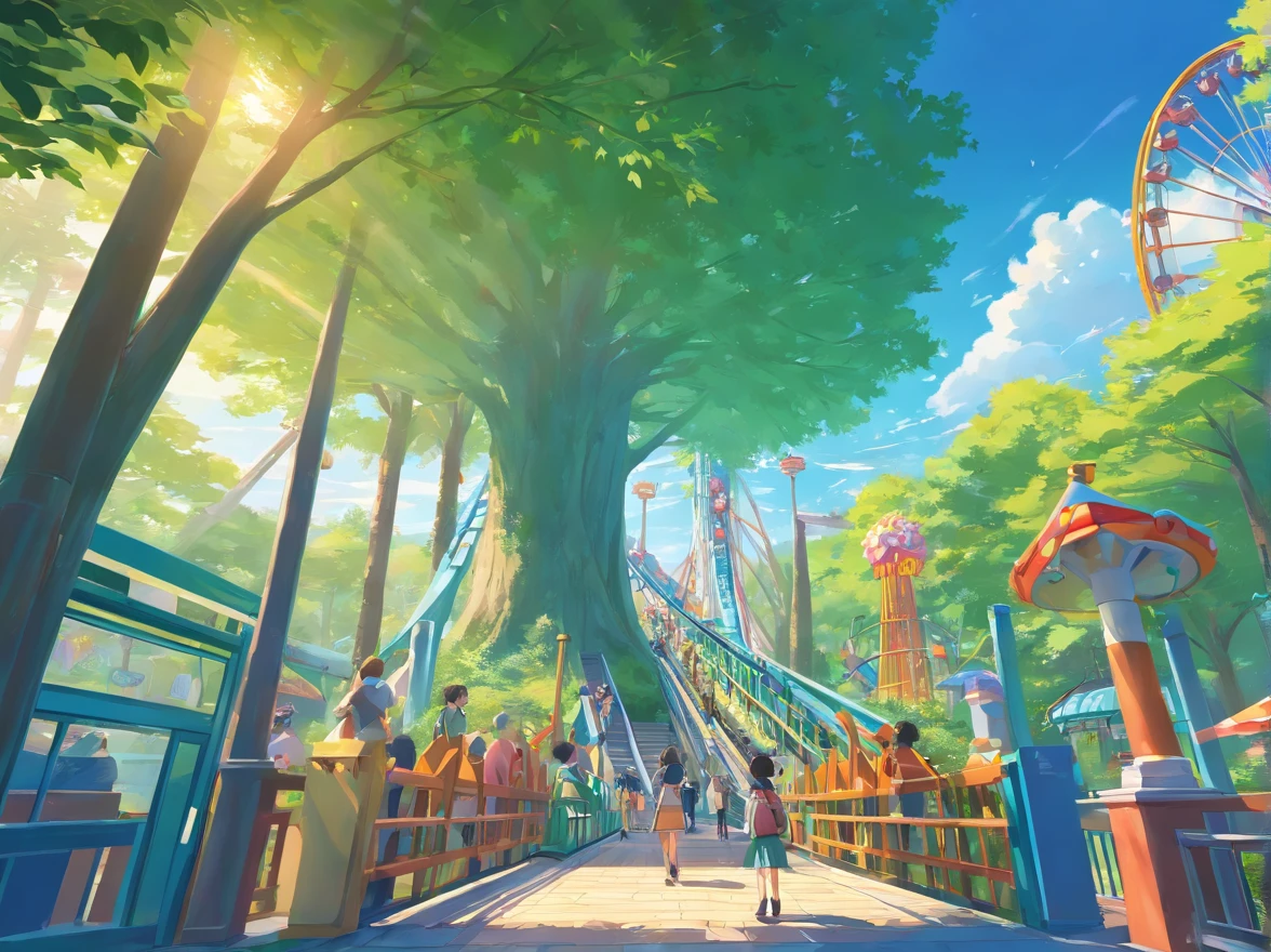 Entrance to the amusement park，People, Children, green trees, Roller coaster，Look up，Large pendulum