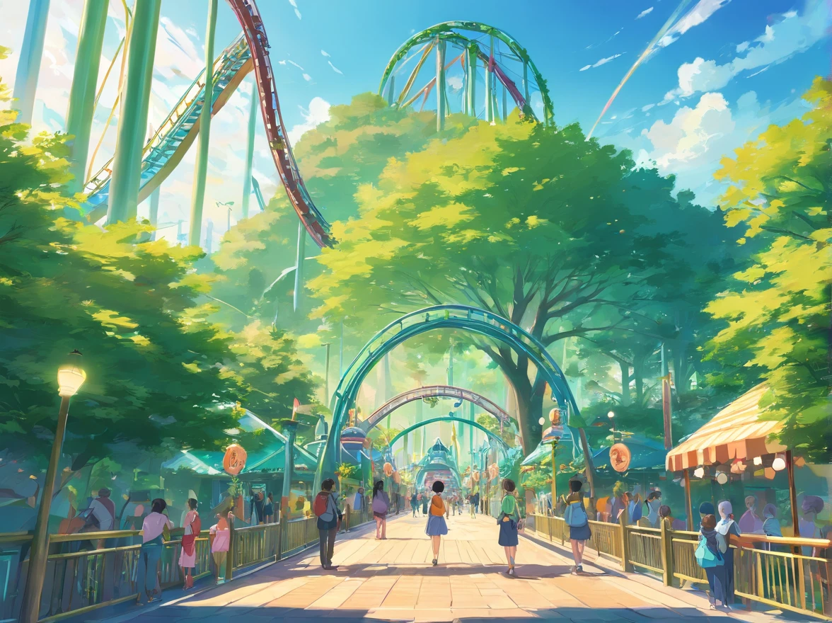 Entrance to the amusement park,People, Children, green trees, Roller coaster,Look up,Large pendulum