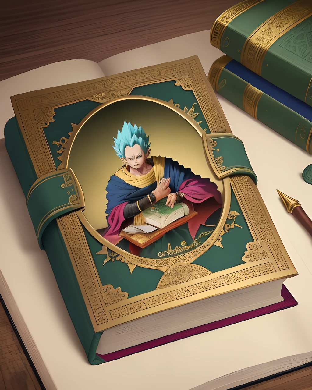 This book is a treasure trove of ancient wisdom and secrets.

Green cover with mythical engravings.
Parchment pages with golden borders.
Colorful illustrations of the history of Namek and Saiyans.
Binding with gold stitching and gemstone clasp.
Imposing dimensions of approximately 30 cm x 40 cm.