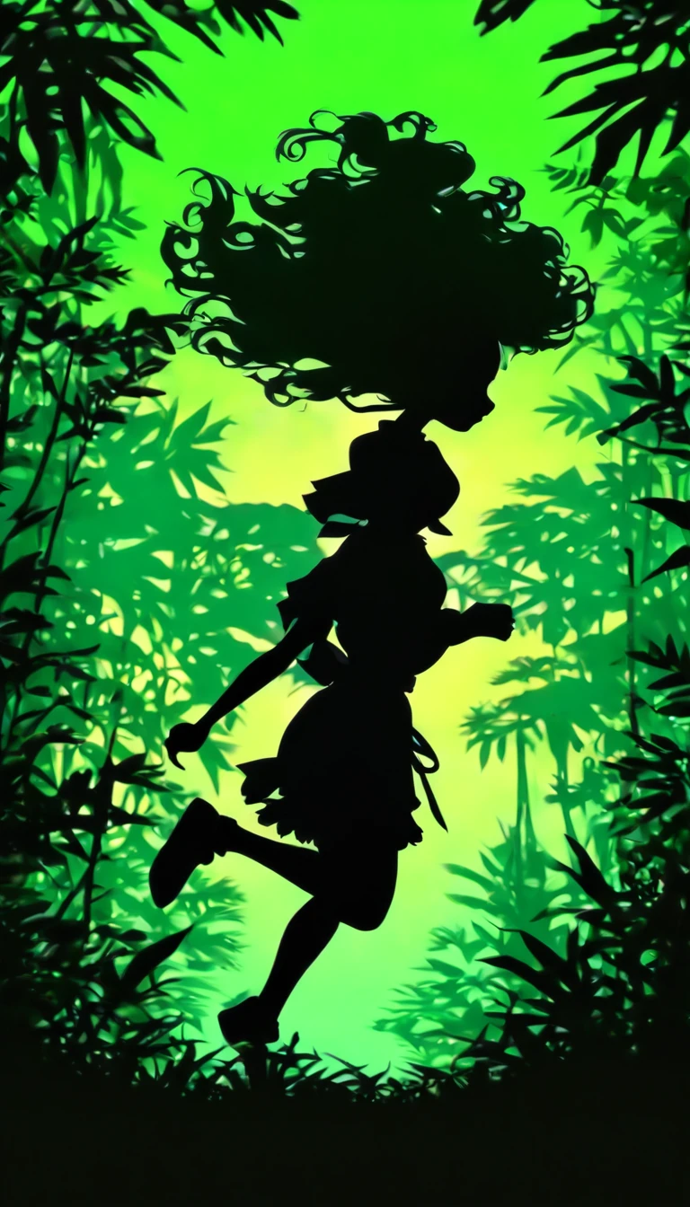 (Silhouette Art,cutouts:1.6)
(((Paper cutting art,A world where only black exists:1.3)
Side view of a woman running in the jungle at night, moon behind the woman, dark green, side profile view