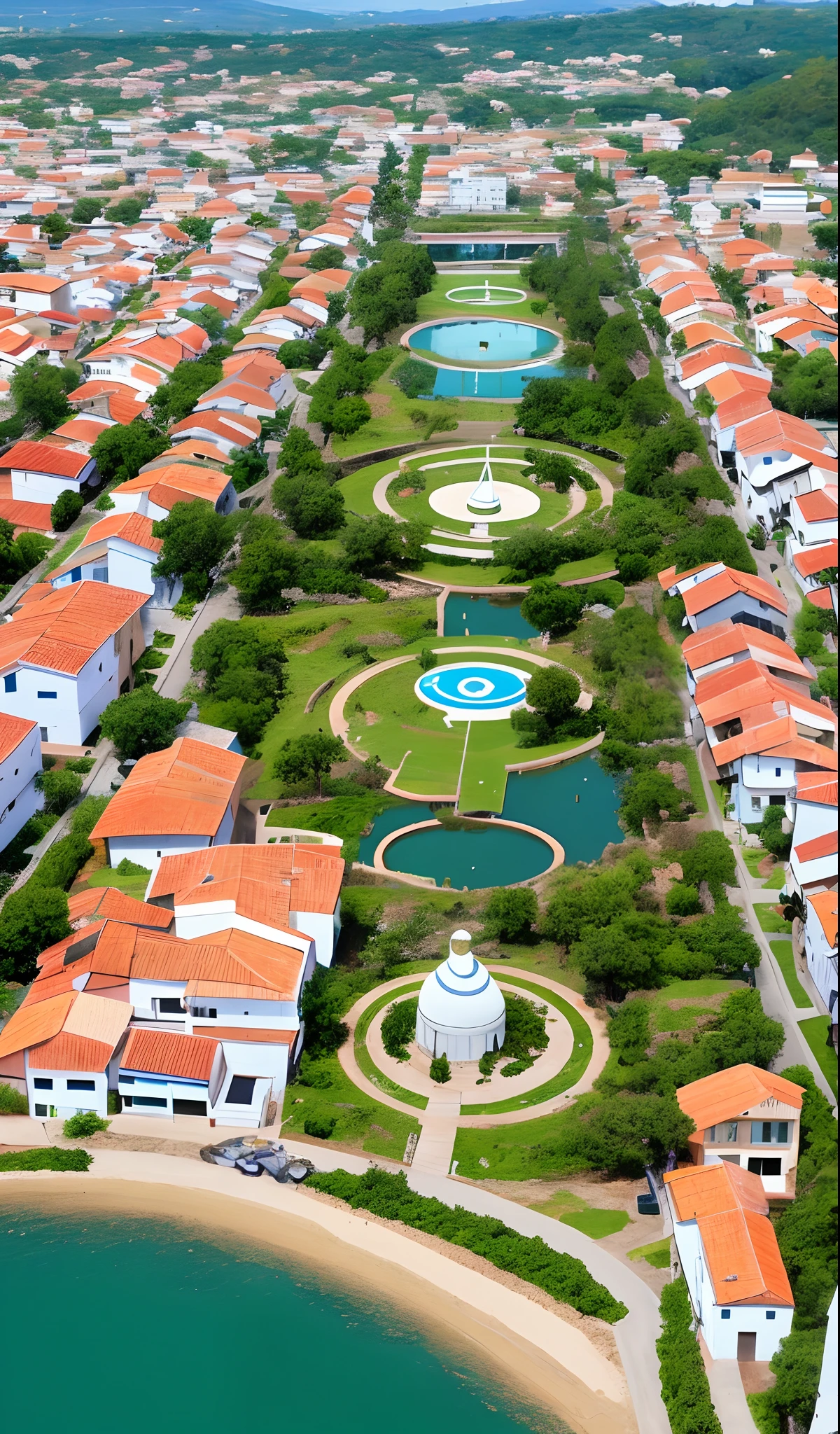 A city with several buildings of the same size, casas e pessoas felizes. The monument of this one is a large water tank that looks like a UFO.