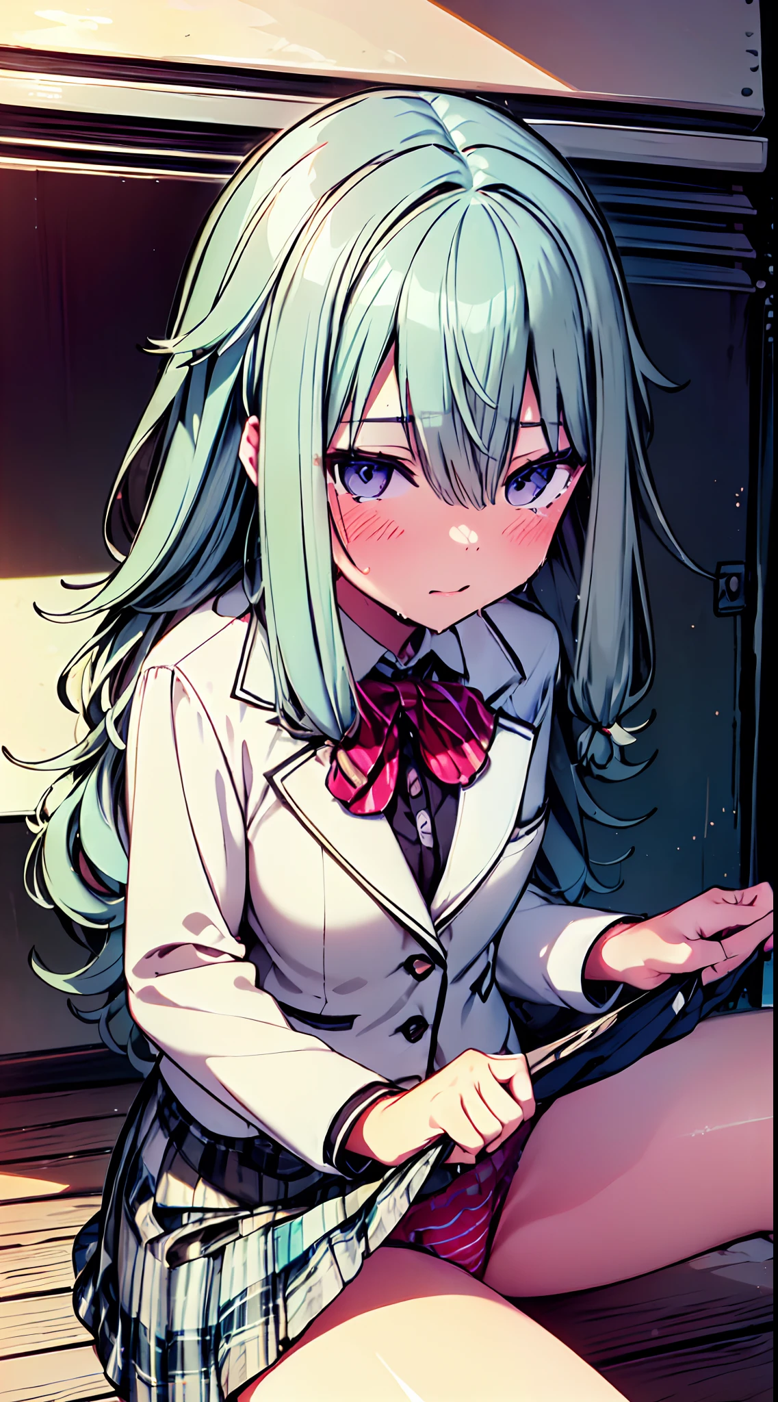 masutepiece, Best Quality,Illustration, Wallpaper, Ultra Detail、(((molesting)))、Detailed eyes、(Teary-eyed)、(((Sexy colorful underwear)))、(blazers、Kilted skirt)、ample breasts、((Girl taking off her skirt))