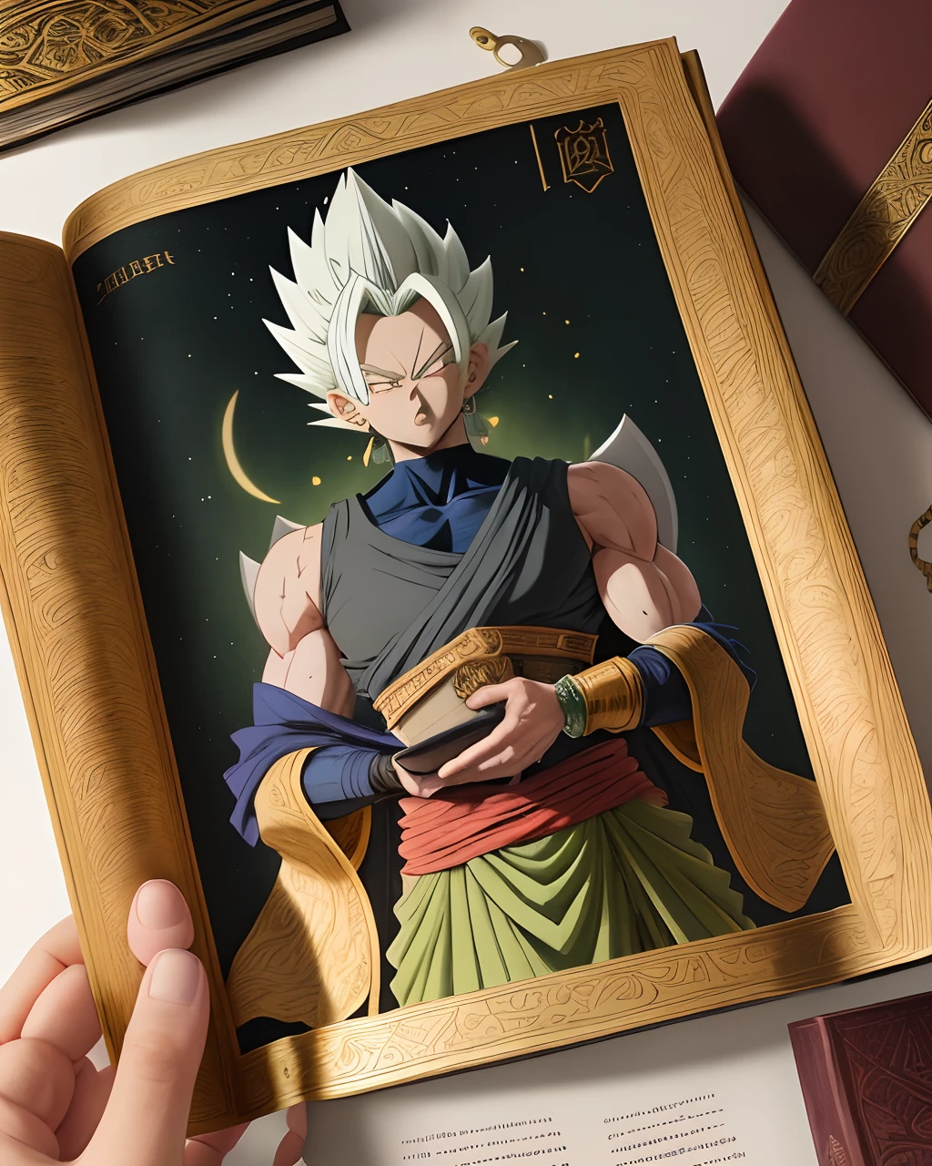 This book is a treasure trove of ancient wisdom and secrets.
Green cover with mythical engravings.
Parchment pages with golden borders.
Colorful illustrations of the history of Namek and Saiyans.
Binding with gold stitching and gemstone clasp.
Imposing dimensions of approximately 30 cm x 40 cm.