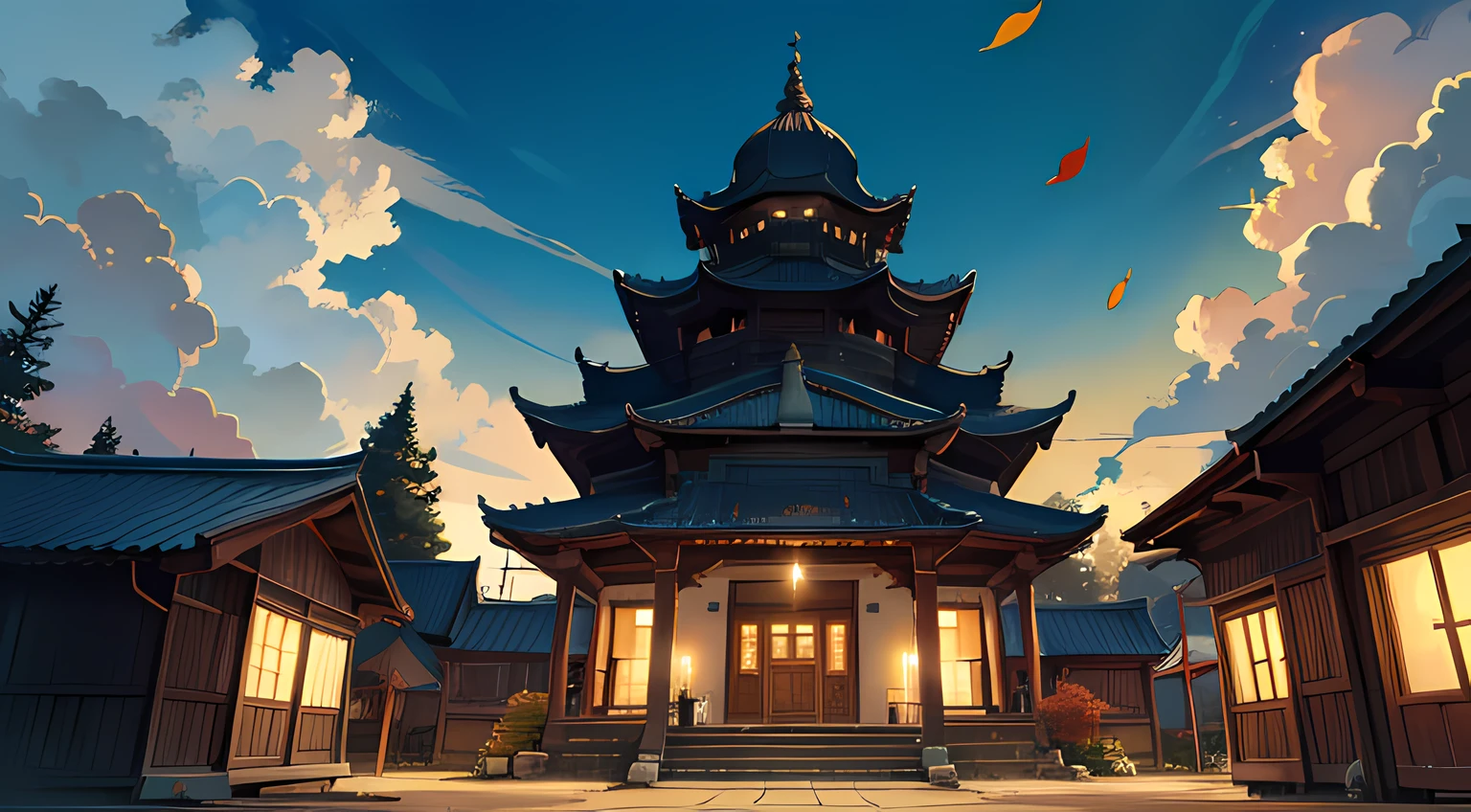 highres, highest quallity, illustration, ultra detailed, (detailed environtment), (detailed background)), soft lighting, best quality, hazy glow, dreamy atmosphere, hyper detailed, masterpiece, (colorful), cowboy shot, from below, outdoors, morning, clouds, tall buildings in background, ancient, rock street, urban, temple, concrete, sidewalk, busy, trees, autumn, falling leaves, falling leaves, ancient indosnesia,