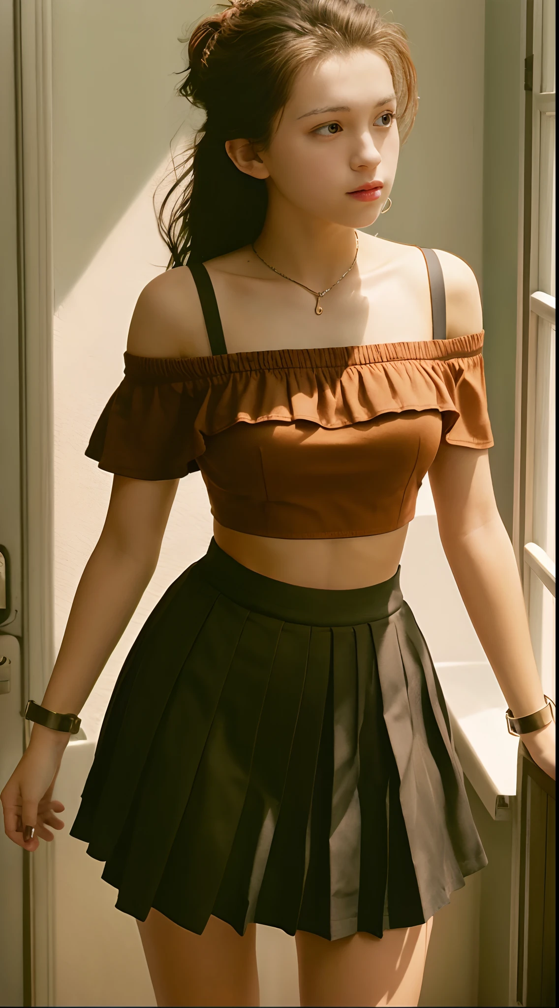 Tom Holanda, body of a teenage girl, off-the-shoulder top, tiny pleated skirt, focus on vagina, wrists tied with handcuffs to a pipe