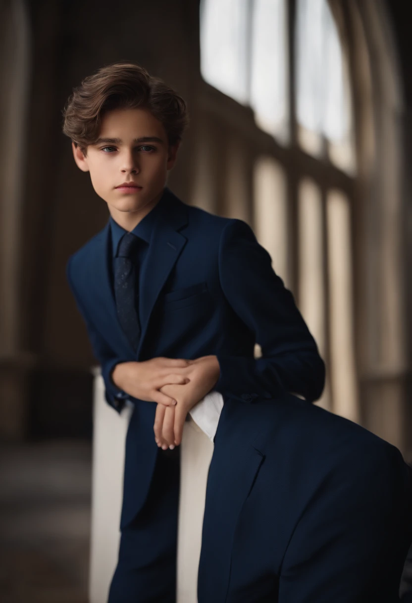 Arafed boy in a blue suit leaning on a chair - SeaArt AI