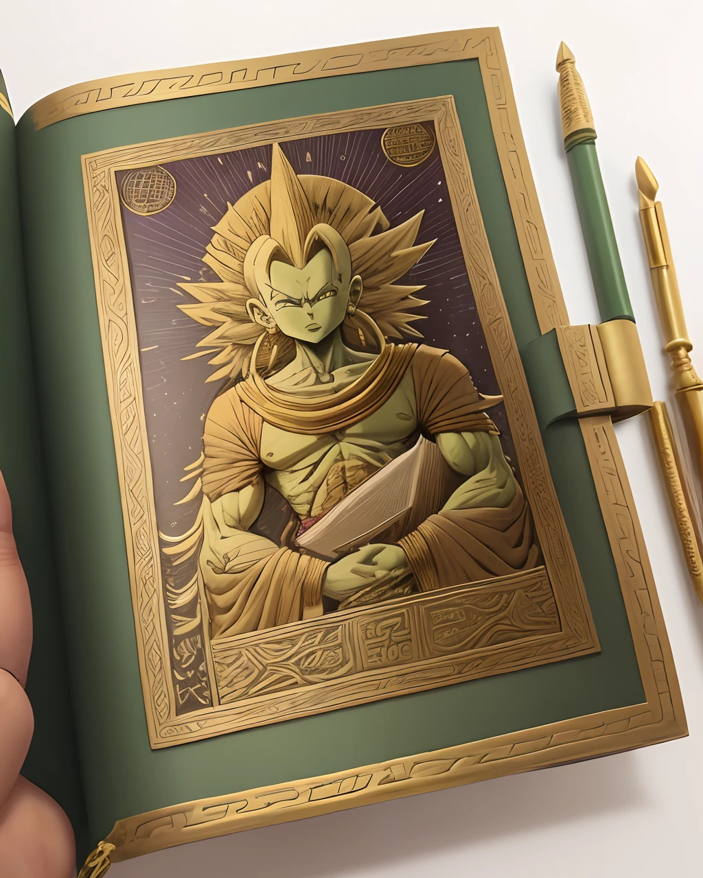 This book is a treasure trove of ancient wisdom and secrets.

Green cover with mythical engravings.
Parchment pages with golden borders.
Colorful illustrations of the history of Namek and Saiyans.
Binding with gold stitching and gemstone clasp.
Imposing dimensions of approximately 30 cm x 40 cm.