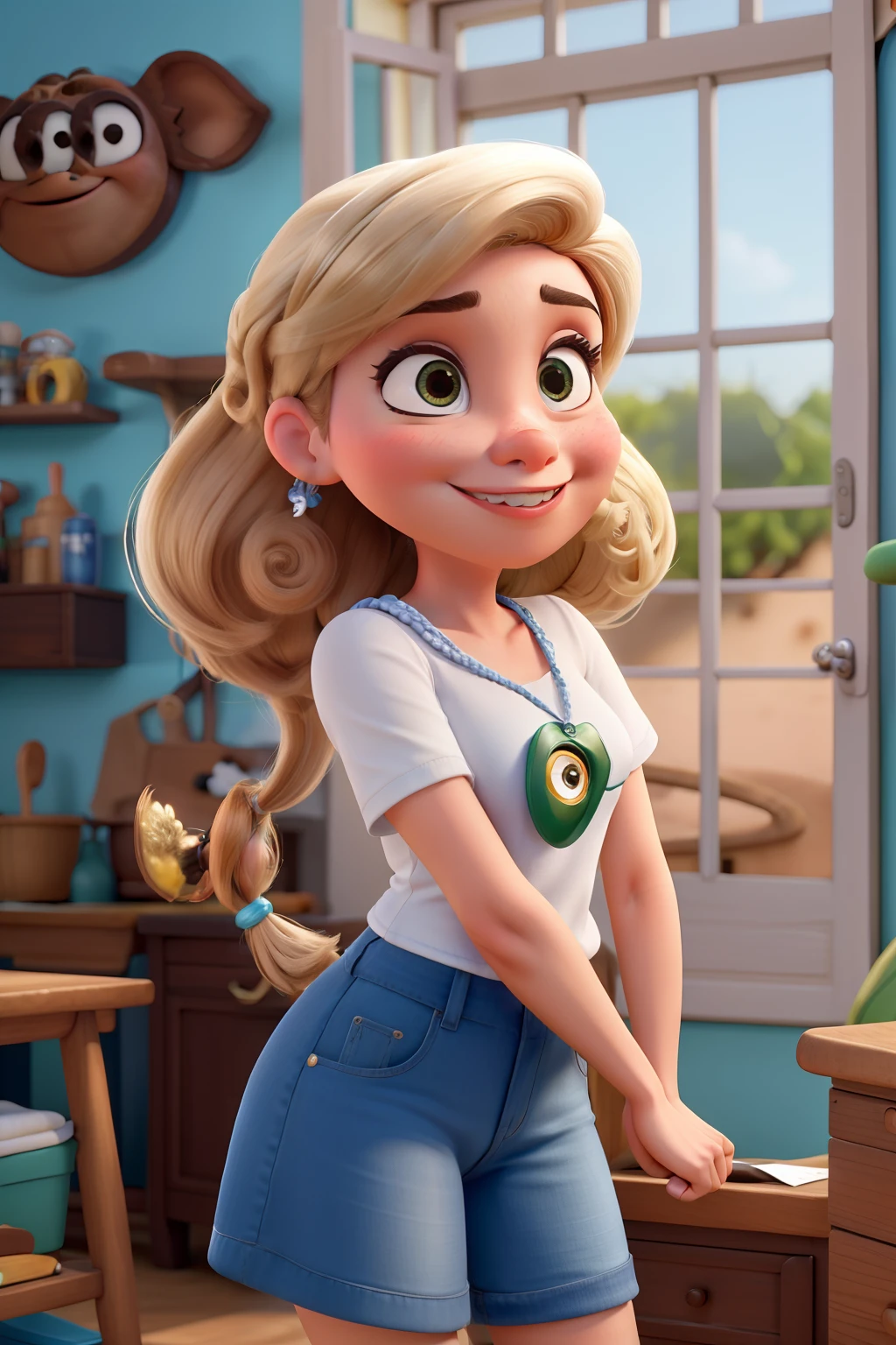 Foto estilo Disney Pixar, garota cabelo longo e castanho, olho castanho, vestindo jaleco branco