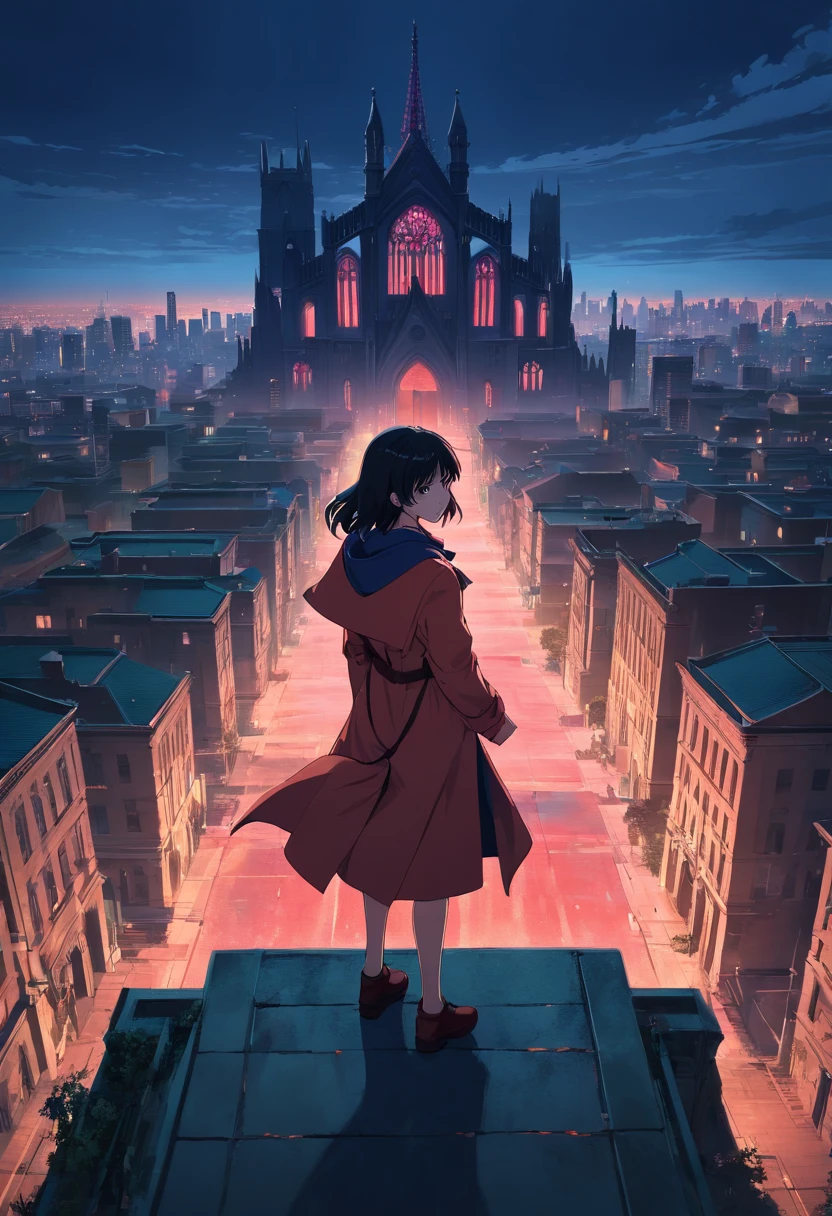 Create an illustration in a 80s vintage anime style of a girl wearing a trench coat standing with her back to the viewer on top of a building overlooking a city merged with an enormous old Gothic cathedral filled with towers. The cityscape extends to the horizon and features a blend of towering Gothic structures and skyscrapers. 80's vintage anime, gothic horror, gotham cemetery a city with red sky, gothic setting, dark fantasy, dark.