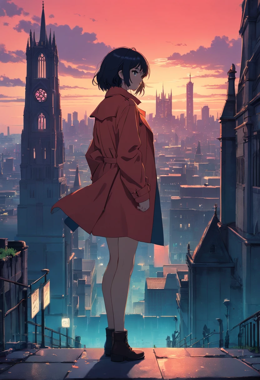 Create an illustration in a 80s vintage anime style of a girl wearing a trench coat standing with her back to the viewer on top of a building overlooking a city merged with an enormous old Gothic cathedral filled with towers. The cityscape extends to the horizon and features a blend of towering Gothic structures and skyscrapers. 80's vintage anime, gothic horror, gotham cemetery a city with red sky, gothic setting, dark fantasy, dark.