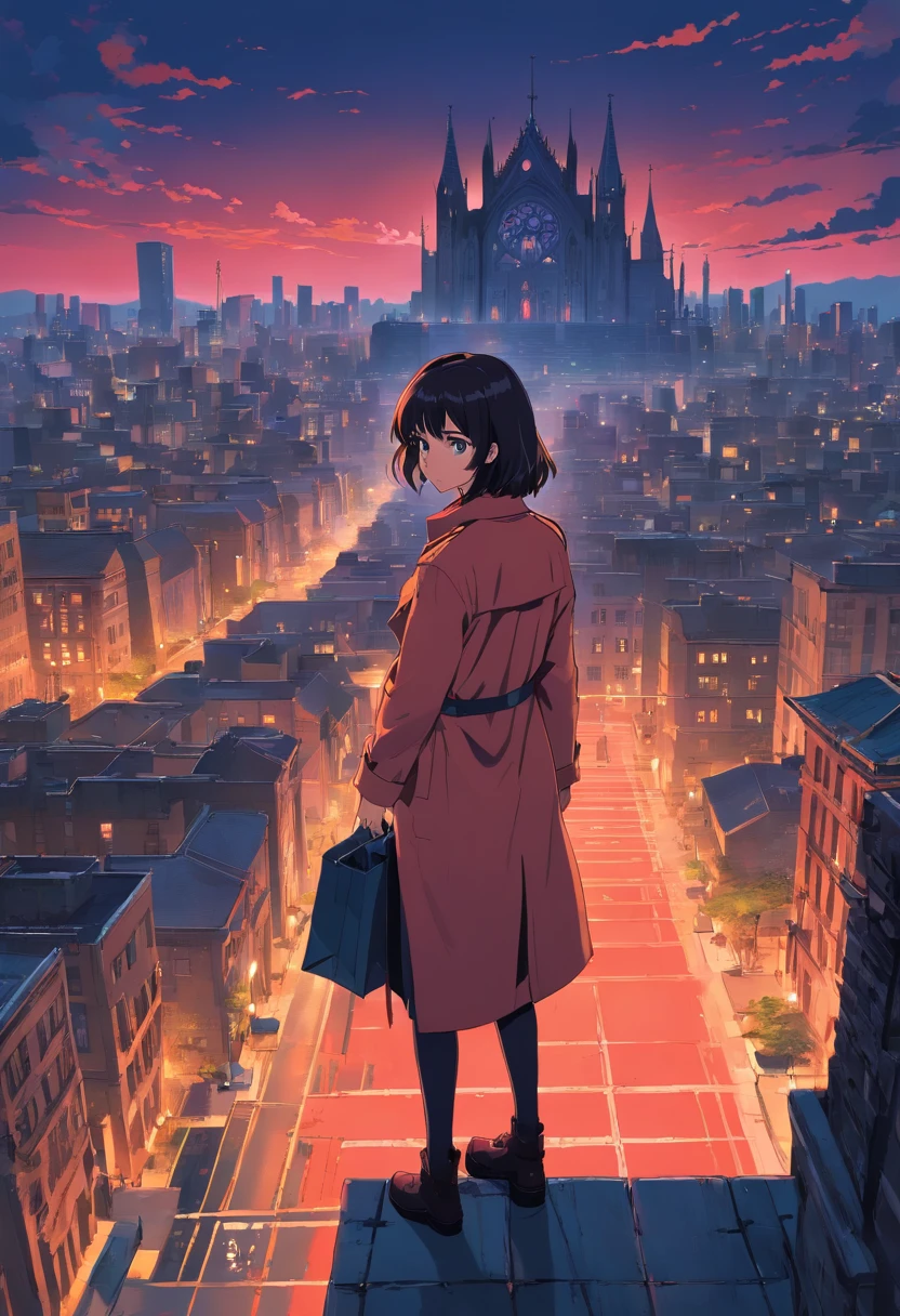Create an illustration in a 80s vintage anime style of a girl wearing a trench coat standing with her back to the viewer on top of a building overlooking a city merged with an enormous old Gothic cathedral filled with towers. The cityscape extends to the horizon and features a blend of towering Gothic structures and skyscrapers. 80's vintage anime, gothic horror, gotham cemetery a city with red sky, gothic setting, dark fantasy, dark.
