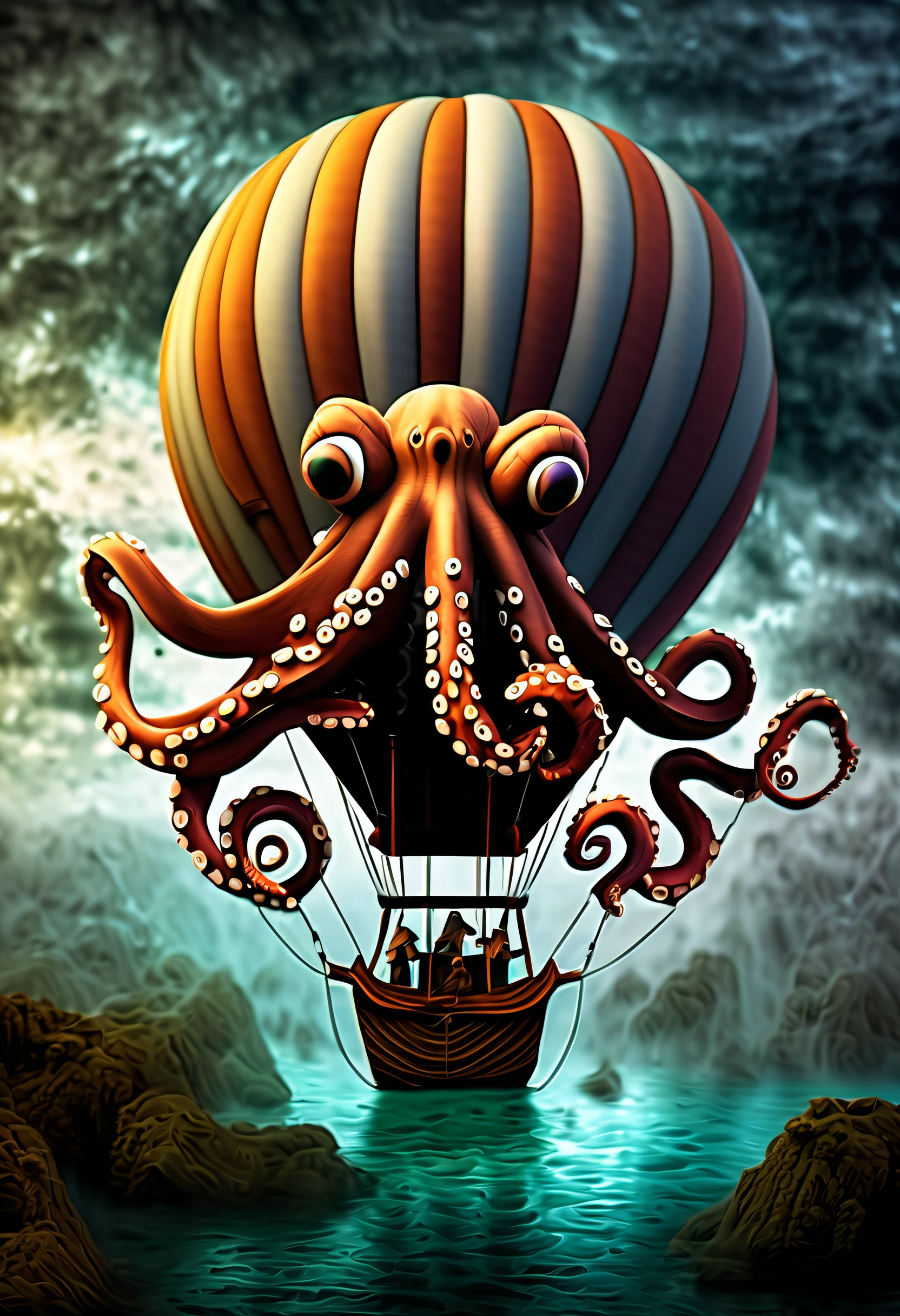 radioactive psychedelic octopus from a magical sea hallucination destroying an average wooden boat near the shore on a calm day