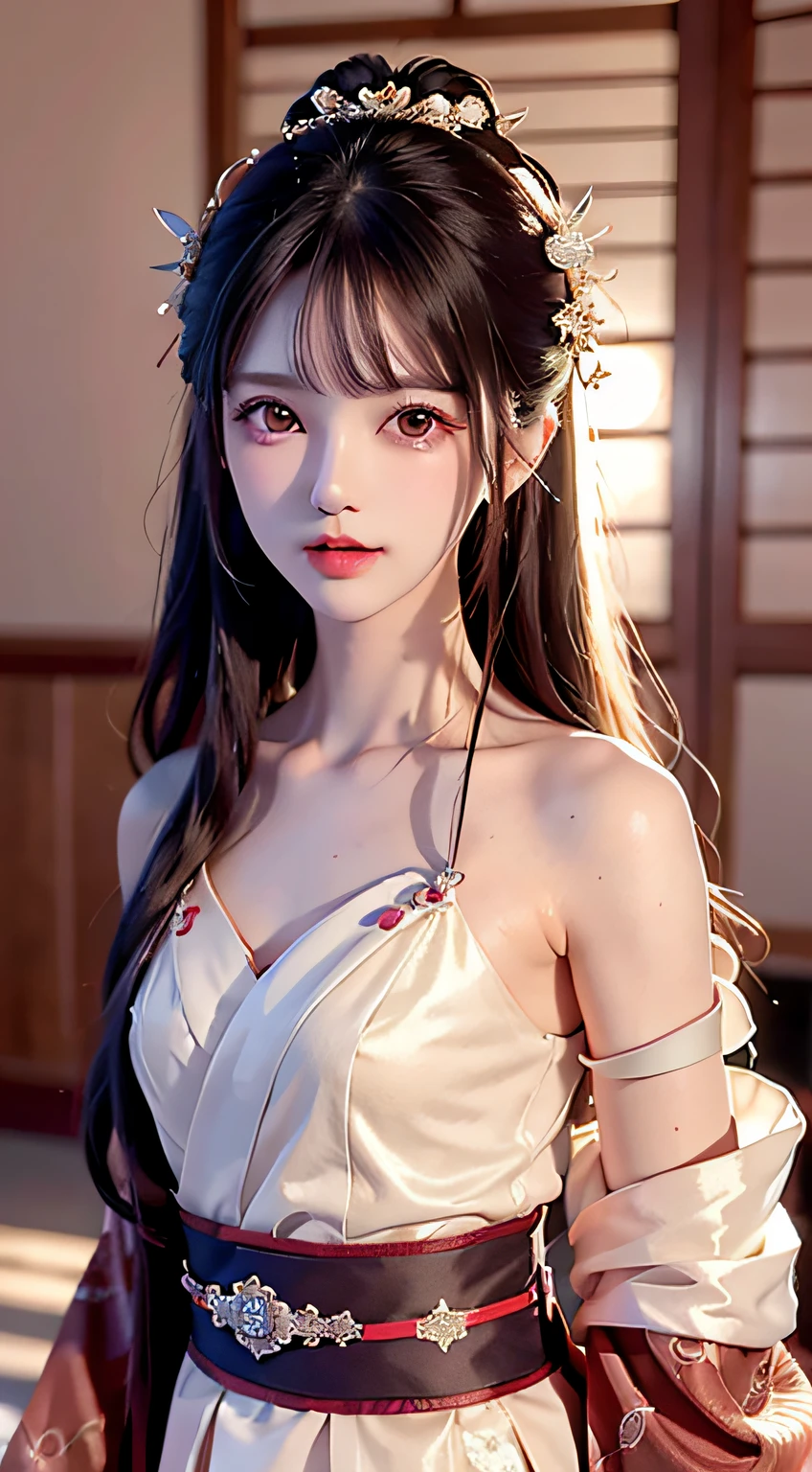 JK girl, girl wearing Japanese girls' school uniform, 8K, very high image quality, film texture, realistic, eating Japanese food, Japanese background, depth of field, tatami room, warm lighting, bow on chest, bangs, long hair over the shoulder, (playful eyes), double eyelids, deepening of the tail of the eyes, lying silkworm, bracelet on the wrist, scarlet lips, sparkling lips with texture, fine skin texture, brown sparkling pupils, (((eyes looking at the camera)))), slender fingers, ((round face)), ( ((small lips)))