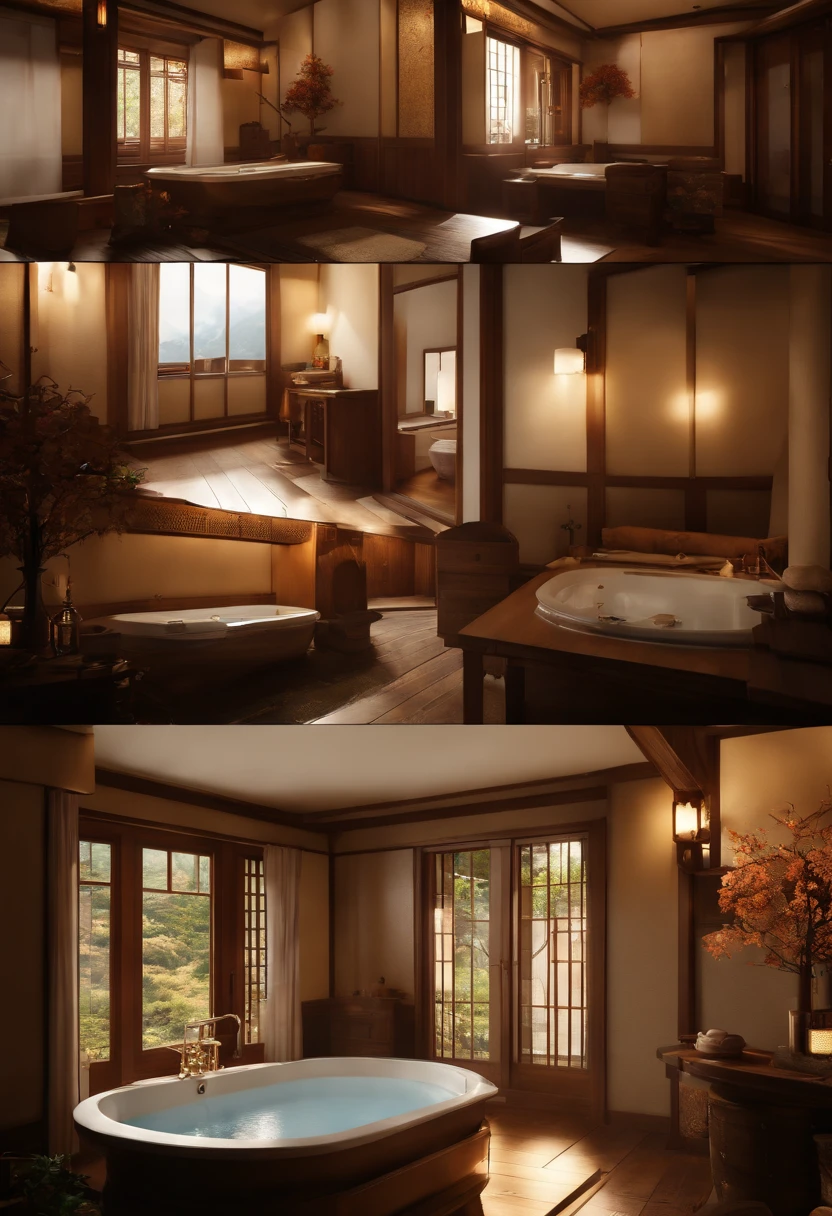 (A hyper-realistic), (hight resolution), (8K), (ighly detailed), (beatiful detailed eyes), (top-quality), (ultra-detailliert), (masterpiece), (Detailed face), (masutepiece、Photoreal Stick)(masterpiece:1.3)、A tourist destination with beautiful autumn leaves、A venerable luxury hot spring inn、Luxurious Japanese-style room with open-air bath、The ultra -The high-definition、Precise depiction、With an angle that looks like it was taken by a professional photographer、With proper lighting、