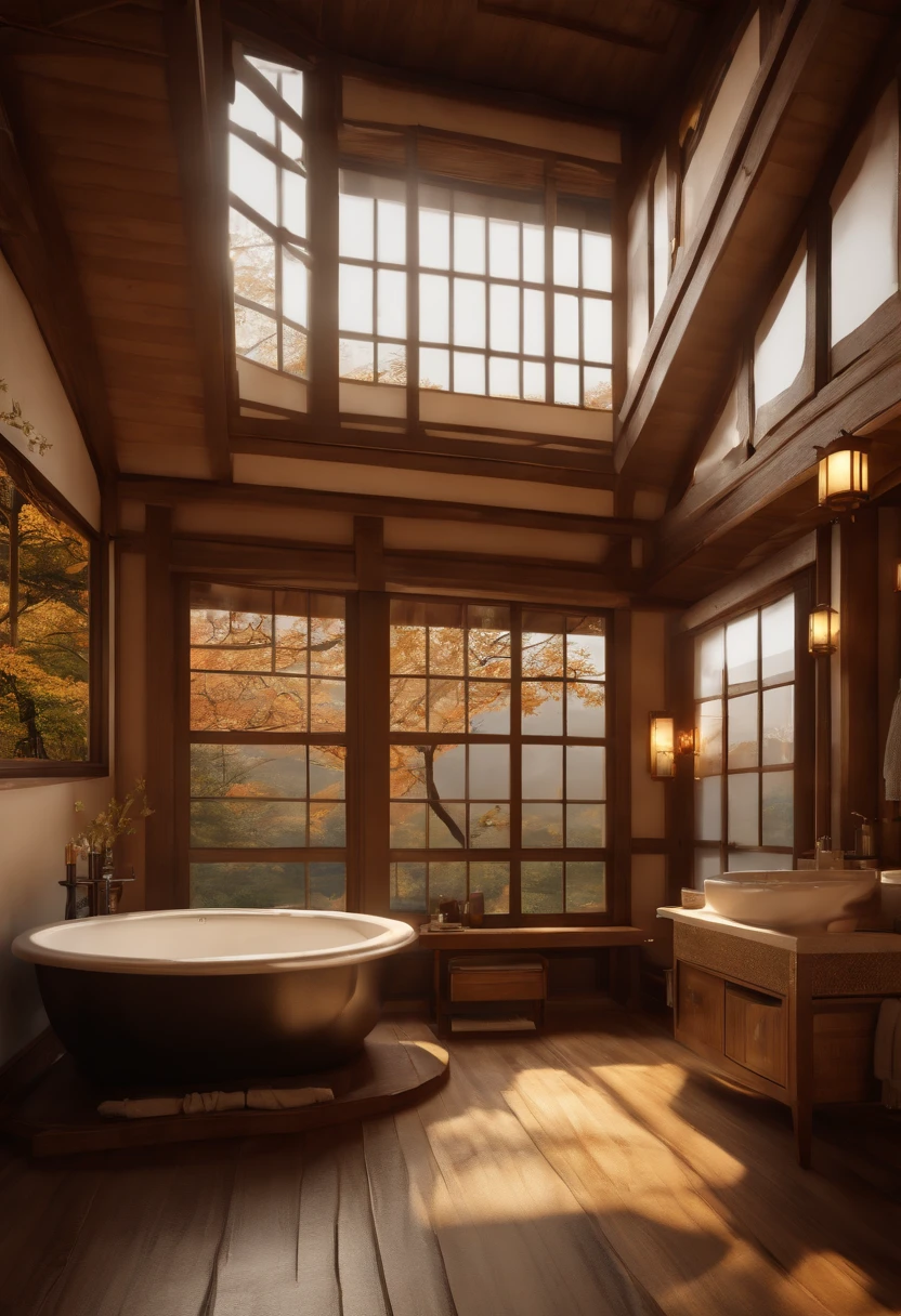 (A hyper-realistic), (hight resolution), (8K), (ighly detailed), (beatiful detailed eyes), (top-quality), (ultra-detailliert), (masterpiece), (Detailed face), (masutepiece、Photoreal Stick)(masterpiece:1.3)、A tourist destination with beautiful autumn leaves、A venerable luxury hot spring inn、Luxurious Japanese-style room with open-air bath、The ultra -The high-definition、Precise depiction、With an angle that looks like it was taken by a professional photographer、With proper lighting、