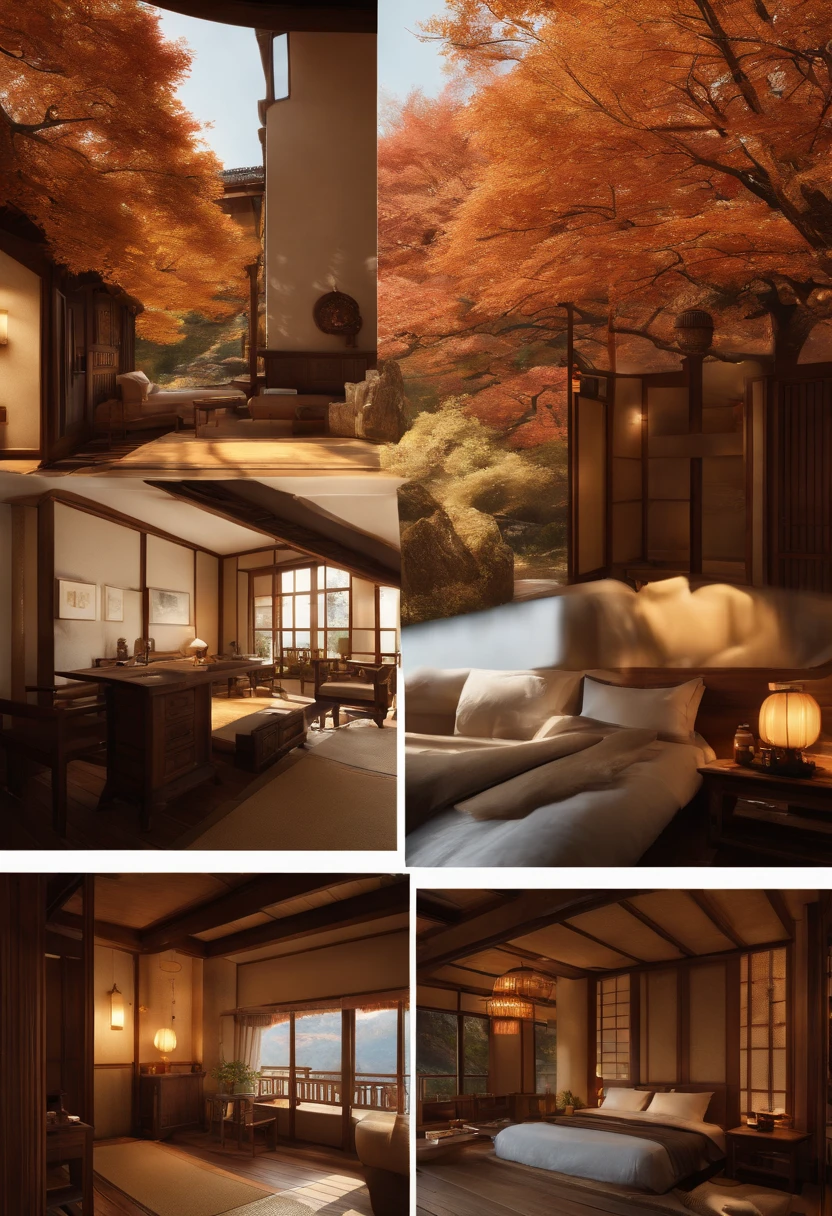(A hyper-realistic), (hight resolution), (8K), (ighly detailed), (beatiful detailed eyes), (top-quality), (ultra-detailliert), (​masterpiece), (Detailed face), (masutepiece、Photoreal Stick)(​masterpiece:1.3)、A tourist destination with beautiful autumn leaves、A venerable luxury hot spring inn、Luxurious Japanese-style room with open-air bath、The ultra -The high-definition、Precise depiction、With an angle that looks like it was taken by a professional photographer、With proper lighting、