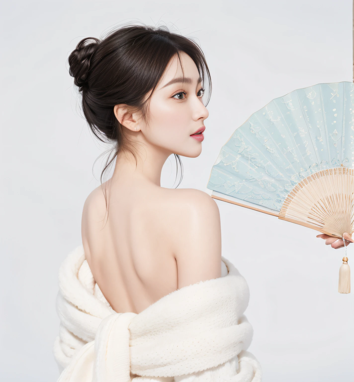 Back view,Dilaba(Dilla Dibba)And dill bastards(Diel Murat)Surrounded by milk, Fan Bingbing, Inspired by Tang Yifen, inspired by Zhang Yan, ruan jia beautiful!, song hye - kyo, Back - View, showing her shoulder from back, Li Bingbing, shaxi, Inspired by Huang Ji, Ethereal beauty,1girll, (highdetailskin:1.0), 8K UHD, Digital SLR, face, Soft lighting, High quality, White background