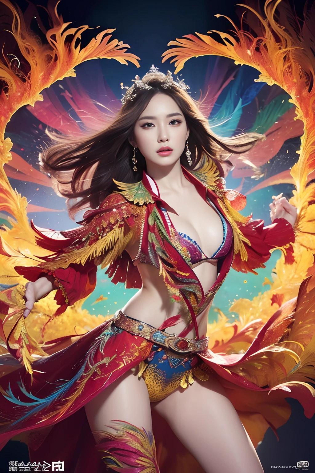 (​masterpiece、top-quality)、high resolution details、foco nítido、(Photoreal Stick:1.2)、1girl in、Cowboy Shot、(The beauty of a woman and the beauty of a phoenix feather seamlessly blend:1.1)、(Dancing in a kaleidoscope of bright colors and patterns、The blades react and、、Reflect her movements in a captivating fractal design:1.1)、