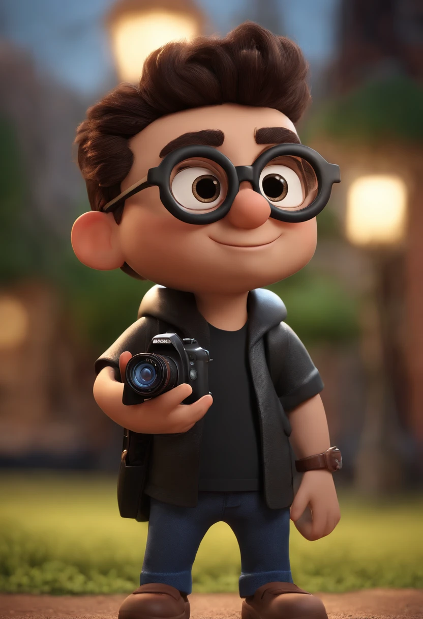 personagem dos desenhos animados de um jovem magro, with black glasses and black shirt, with a camera in hand, animation character, Caractere estilizado, animation style rendering, 3D estilizado, Arnold Maya render, 3 d render stylized, toon render keyshot, Personagem 3D, Personagem 3D, 3d rendering stylized, 3 d character render, personagem de desenho animado, Personagem de close up, Pose de personagem, (Estilo Pixar) (master part:1.2) (Bokeh) (best quality) (pele detalhada) (textura detalhada) (8k) (argila) (Cinematic lighting) (foco nítido