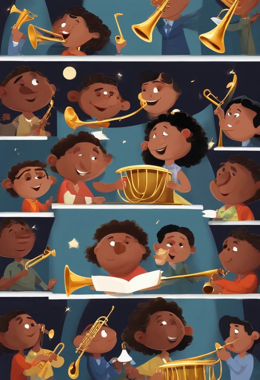 A film inspired by the Disney Pixar title (BMJMP) And make a conductor with a trumpet in his hand,e no fundo uma banda banda marcial com 5 pessoas uma com o instrumento tuba,outra com um trombone de vara,uma com um trompete,uma com o bombardino e uma com o trombonito todos com a roupa preta e azul