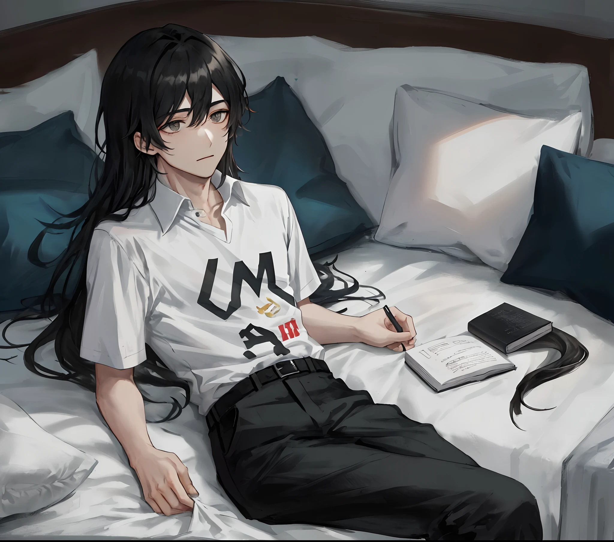 A young man with long black hair in a shirt of Uou movement in the presence of God