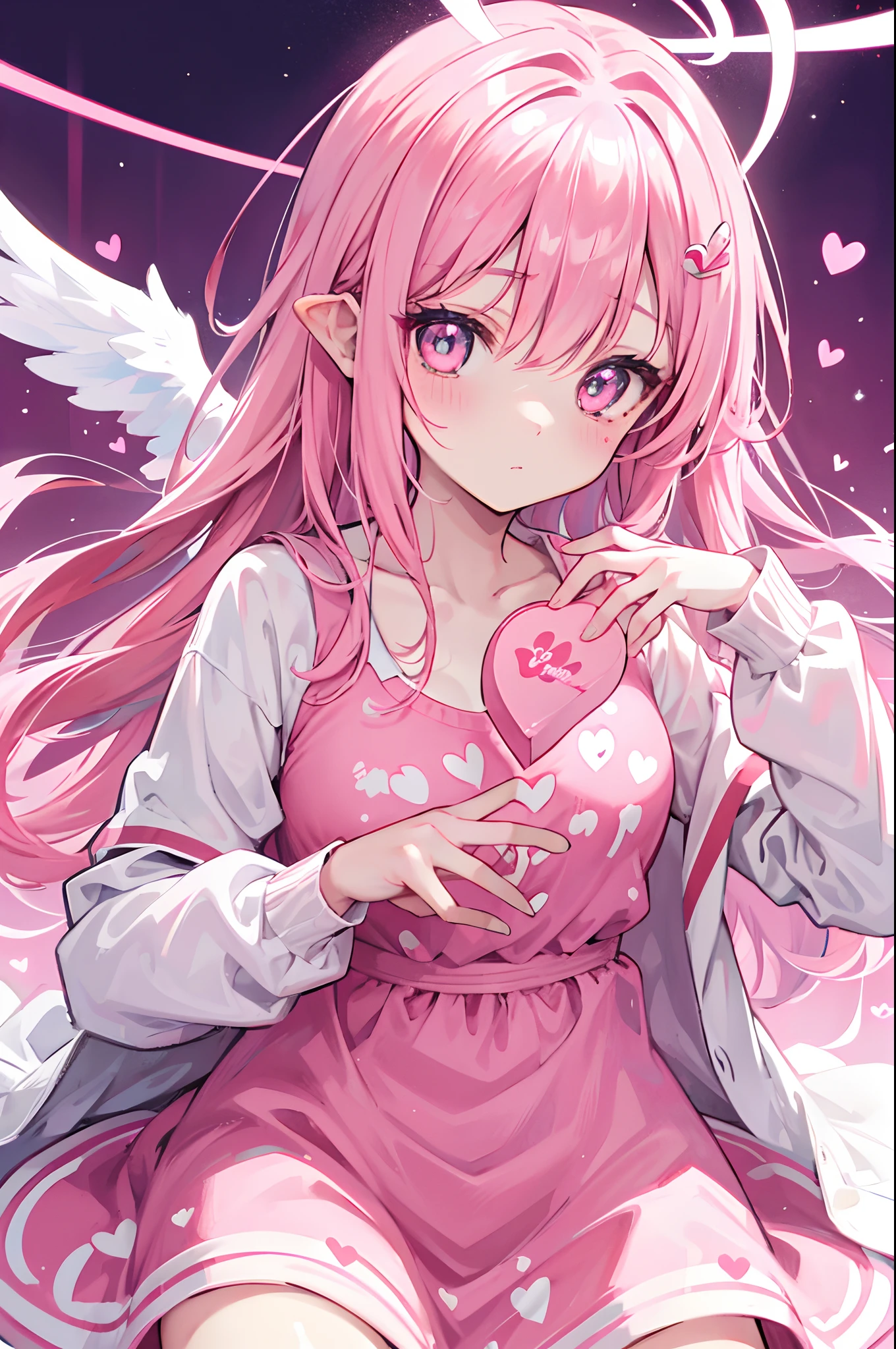 Pink hair, redeyes, heart-shaped pupils, hearts printed on clothes, pinkdress, pinkandwhitecolor scheme, Valentine's Day, angel, wings, halo,4K