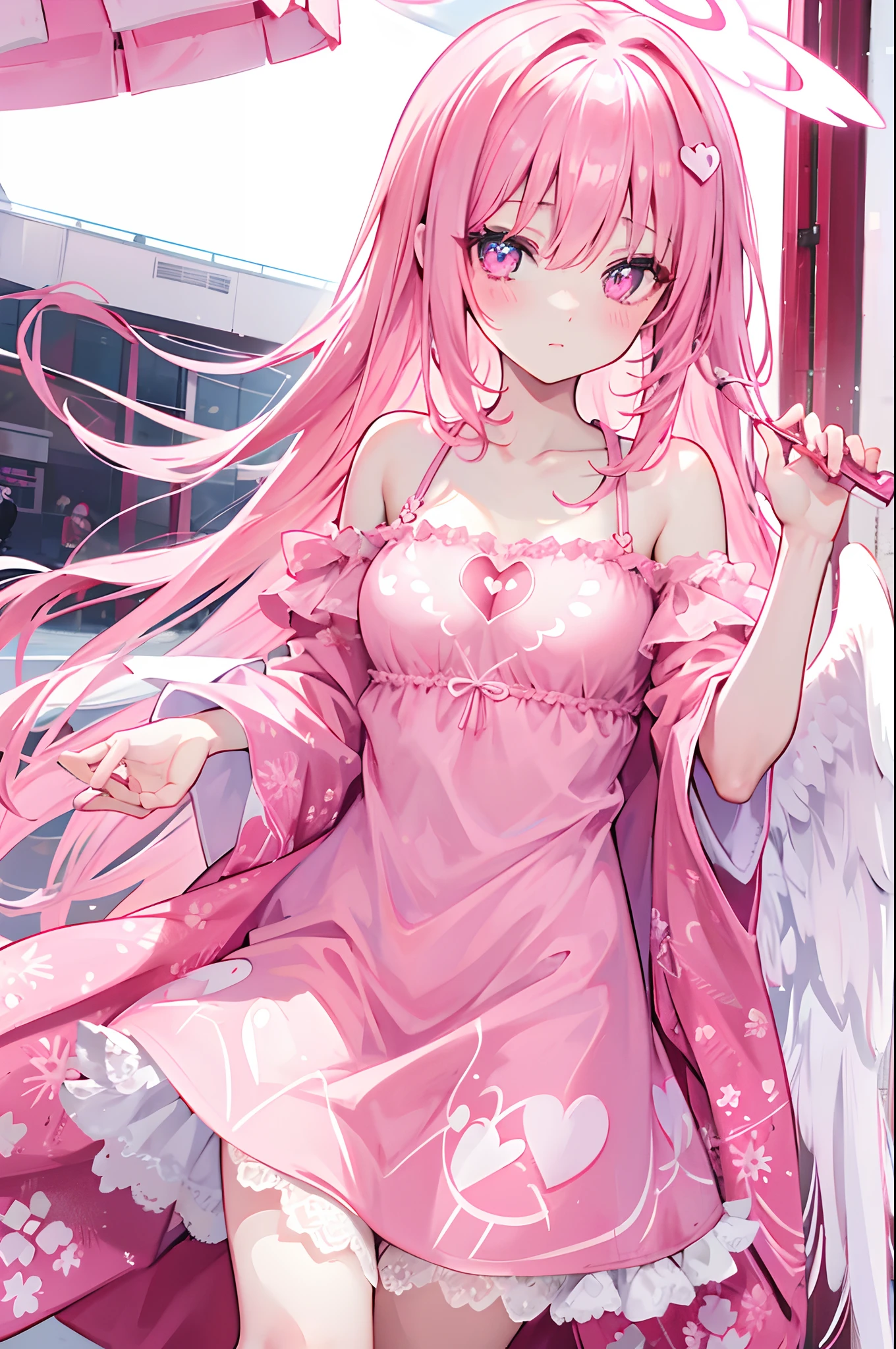 Pink hair, redeyes, heart-shaped pupils, hearts printed on clothes, pinkdress, pinkandwhitecolor scheme, Valentine's Day, angel, wings, halo,4K