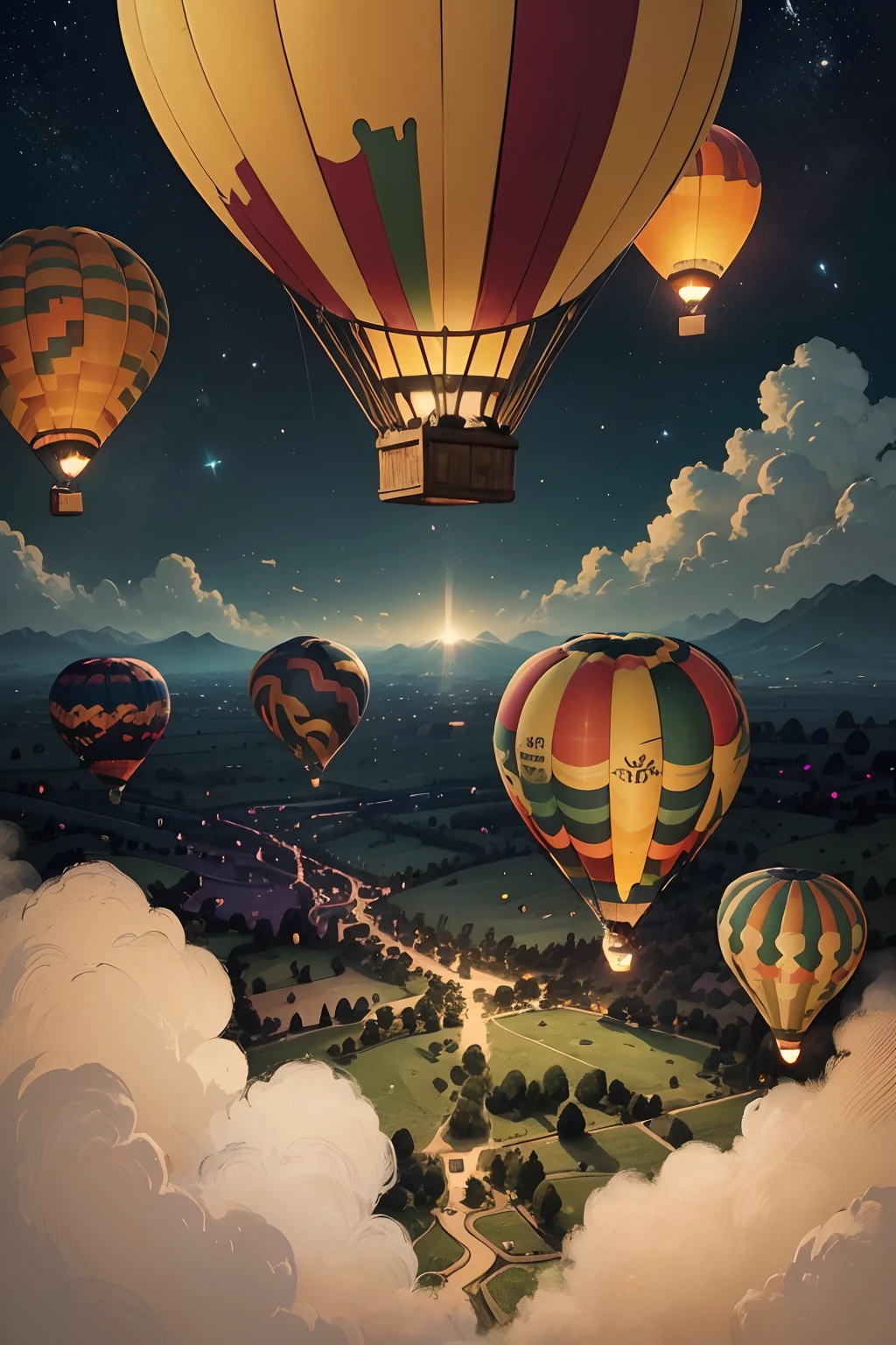 (hot air balloon:1.2)，beautiful sky，Wide landscape photos, (look from down, The sky is above, The vacant lot is below), (the setting sun: 1.2),Distant mountains , green trees,artisanal art, (Warm light: 1.2), (Firefly: 1.2), lamp lights, Lots of purple and orange, Intricate details, Volumetric lighting BREAK (Masterpiece: 1.2), (Best quality), 4K, Ultra detailed, (Dynamic composition: 1.4), Rich in detail and color, (Irridescent color: 1.2), (Glow, Atmospheric lighting), Dreamy, magical, (Solo: 1.2)