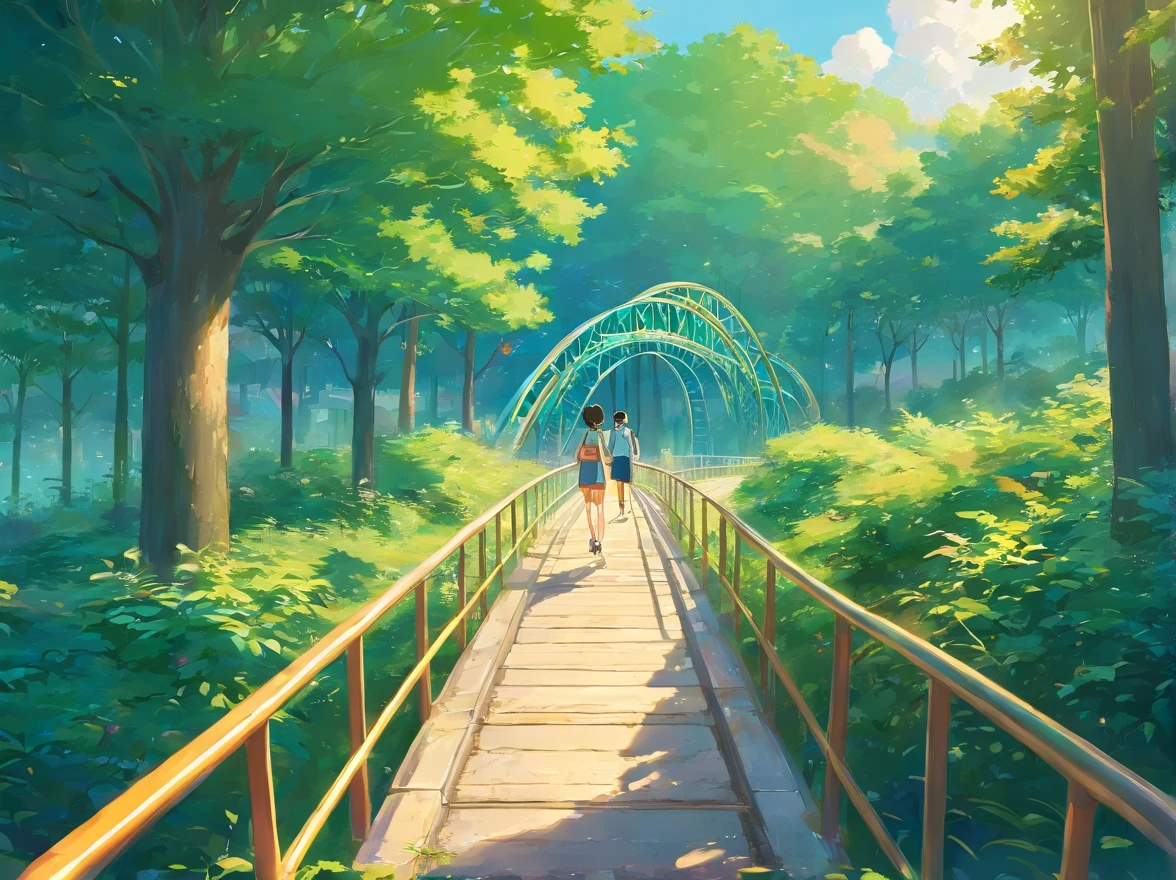Access to the amusement park,The road runs from left to right,People, Children, Green trees, Roller coaster,Look up,Large pendulum