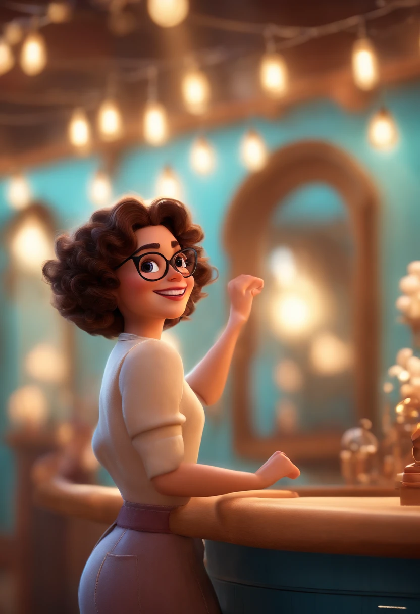Pixar style image with 3D character white glasses brunette woman short curly hair dancing, Maquiagem Disney,Pescador, adolable, sorridente ,Close-up, Pixar, Disney, Cinema lighting,