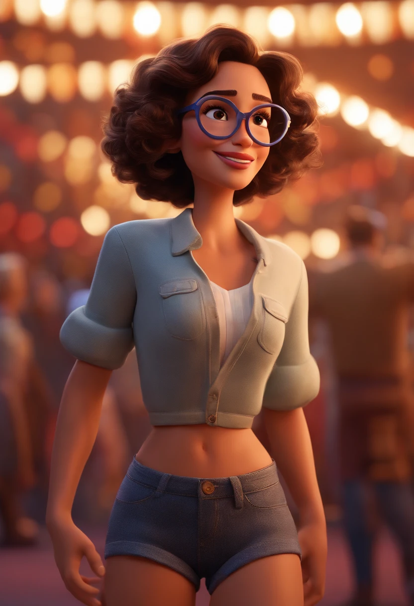 Pixar style image with 3D character white glasses brunette woman short curly hair dancing, Maquiagem Disney,Pescador, adolable, sorridente ,Close-up, Pixar, Disney, Cinema lighting,