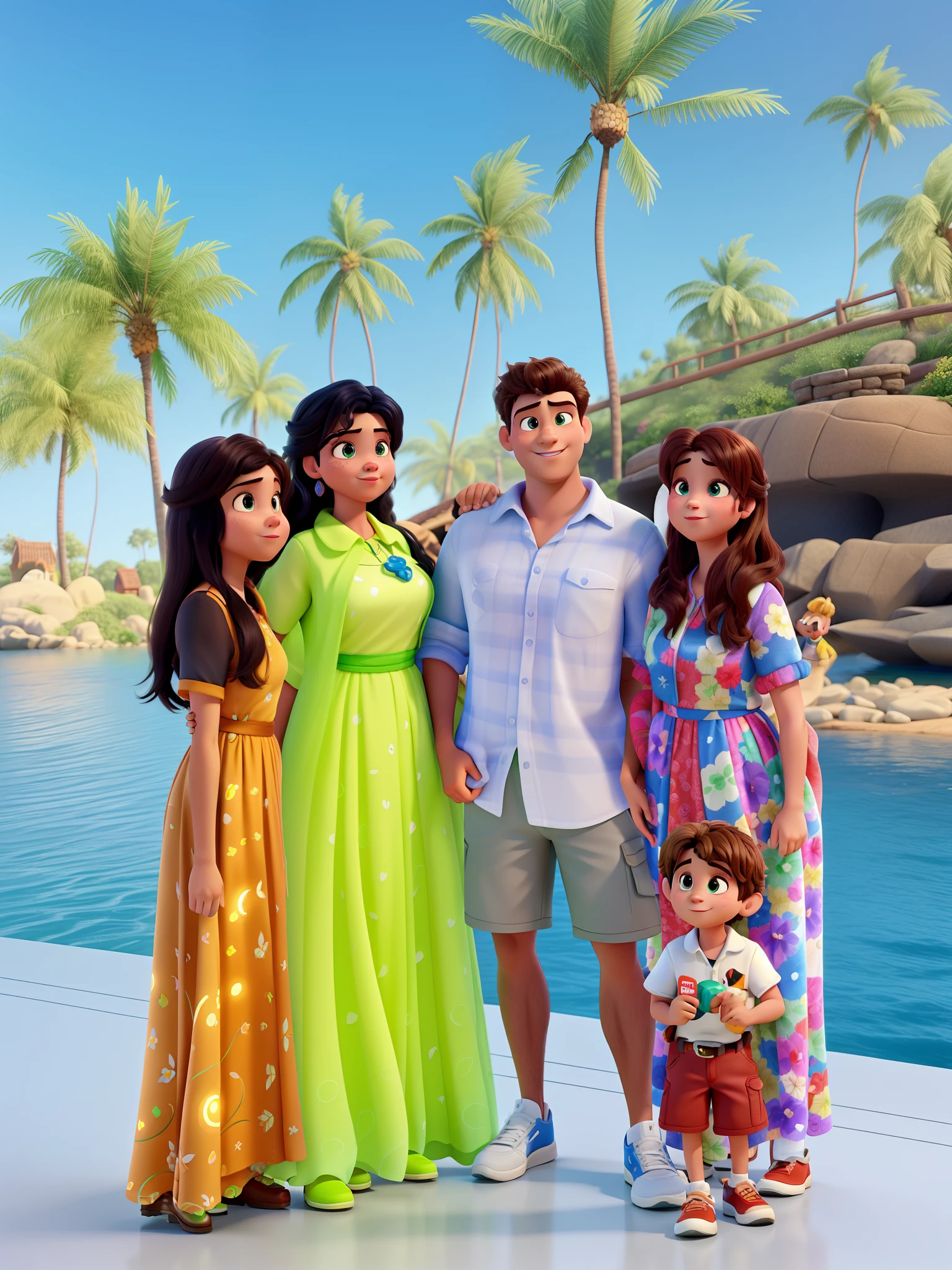 One family, com um homem, uma mulher e um , iluminados por uma luz verde, it's Disney Pixar style, with great quality, melhor qualidade
