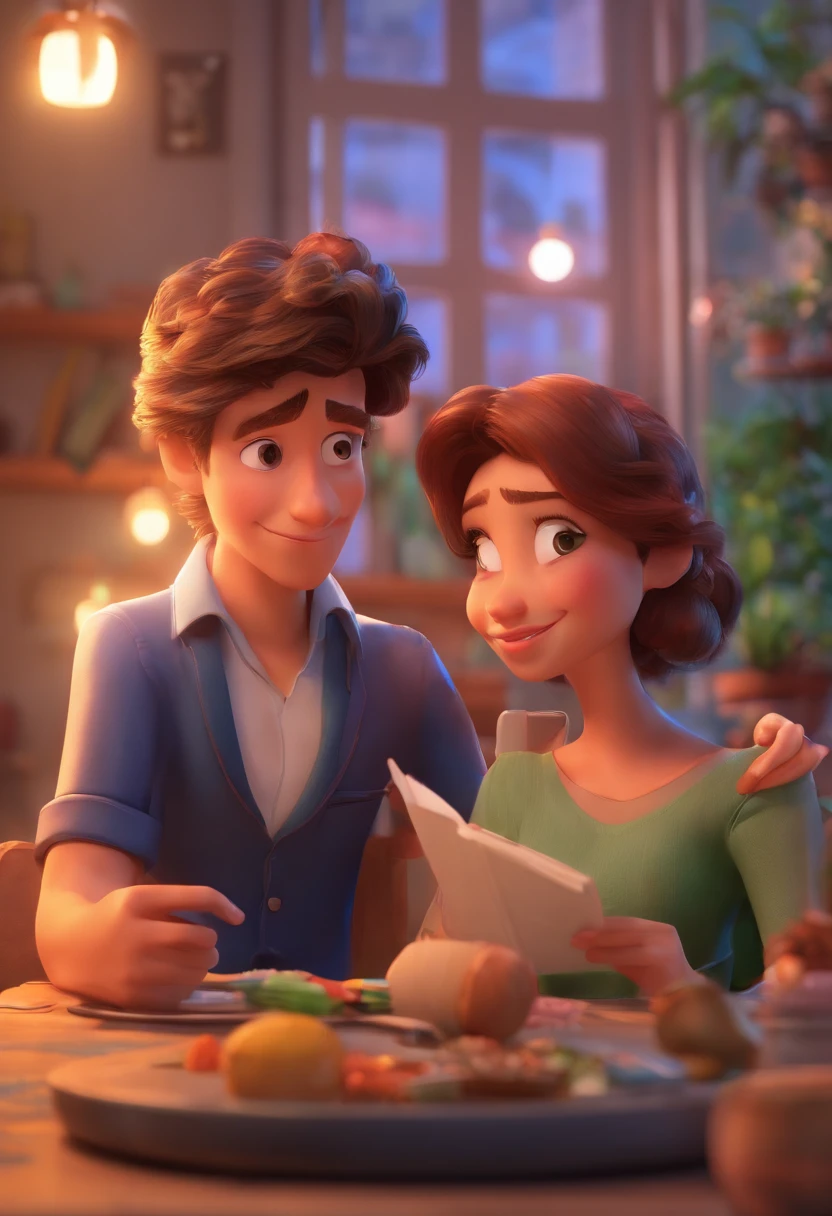 An illustration of an adorable couple, Destacando um homem e uma mulher com beleza, Expressive eyes – the man's hair is light brown, olhos verdes , while the woman's hair is brunette. They are a bright space, Todos com um sorriso no rosto, e compartilhe um momento especial, That is marked by love, viagem, and pedagogical insights. Ilustre esta cena a partir de uma perspectiva, where they're facing away from the camera, Show Your Connection. Desenvolva esta arte em Full HD, Focus on your cinematic touch, Estilo Disney Pixar Animations