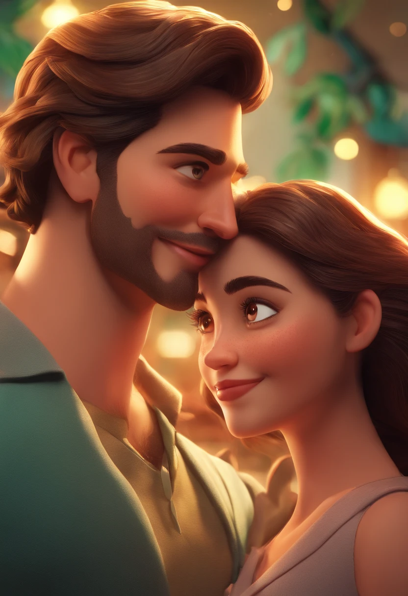 An illustration of an adorable couple, Destacando um homem e uma mulher com beleza, Expressive eyes – the man's hair is light brown, olhos verdes , while the woman's hair is brunette. They are a bright space, Todos com um sorriso no rosto, e compartilhe um momento especial, That is marked by love, viagem, and pedagogical insights. Ilustre esta cena a partir de uma perspectiva, where they're facing away from the camera, Show Your Connection. Desenvolva esta arte em Full HD, Focus on your cinematic touch, Estilo Disney Pixar Animations