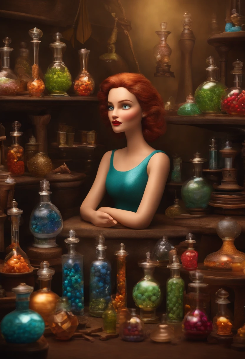 A collector of ideas inspired by Pixar animation, de perto. She is surrounded by a collection of magic vials, each containing a unique idea. The focus is on the character, with a captivating facial expression, Against a backdrop of shimmering, cores efervescentes num cima estelar