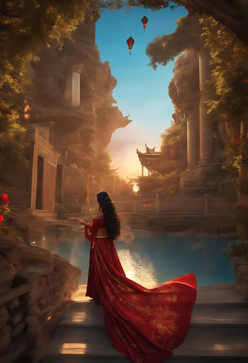 Arte Oficial, Unity 8k papel de parede, ultra detalhado, Beautiful and Aesthetic, master part, best quality, (fire, water, fita, corte de papel), (Arte Fractal:1.3) 1girl,Building, (sozinho:1.5), Chinese_Clothes, heaven, ao ar livre, largo_Mangas, preto_Hair, Sunset, (Caindo_Folhas:1.2), Antern, (papel_lAnterna:1.5),blue skies, (ao ar livre:1.5),Hanfu, (rainbow-candy:0.8), (estilo-swirlmagic:0.8),
