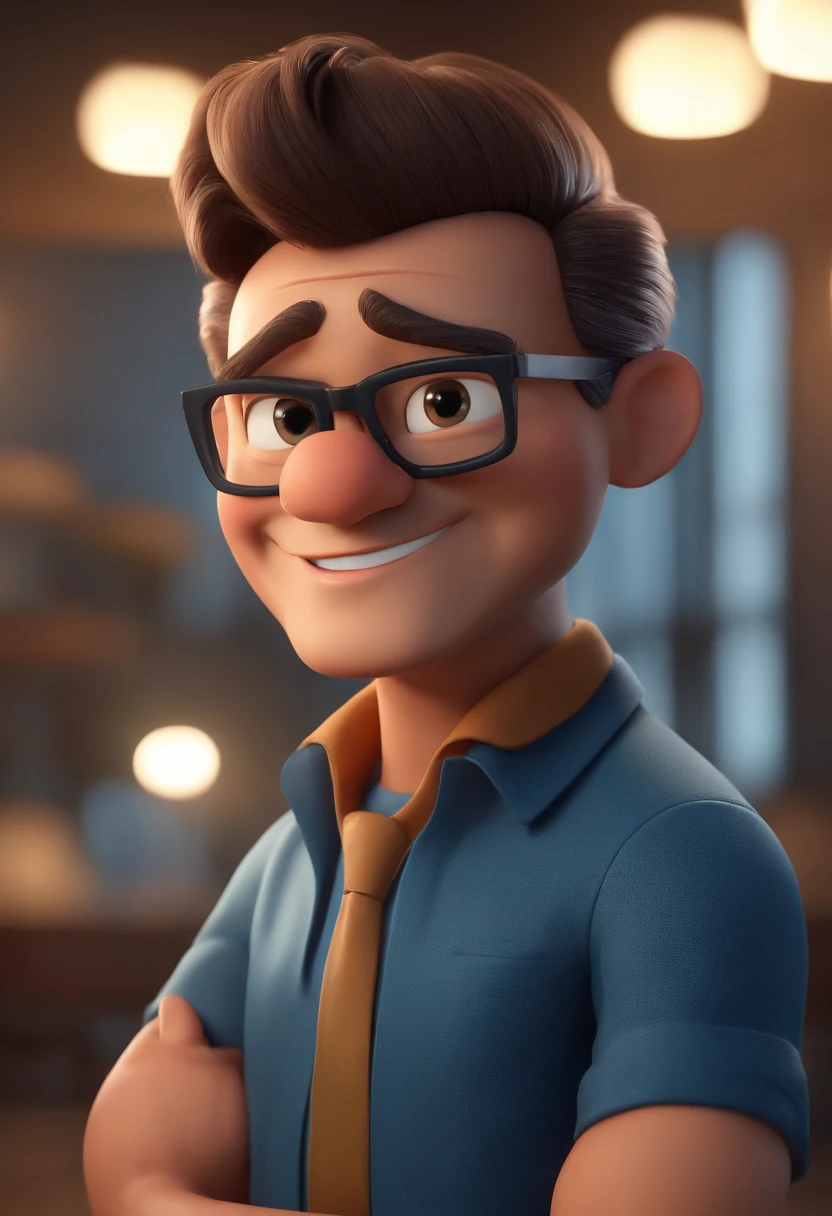 Cartoon character of a man with black glasses and a blue shirt, animation character, Caractere estilizado, animation style rendering, 3D estilizado, Arnold Maya render, 3 d render stylized, toon render keyshot, Personagem 3D, Personagem 3D, 3d rendering stylized, 3 d character render, personagem de desenho animado, Personagem de close up, Pose de personagem, (Estilo Pixar) (master part:1.2) (Bokeh) (best quality) (pele detalhada) (textura detalhada) (8k) (argila) (Cinematic lighting) (foco nítido