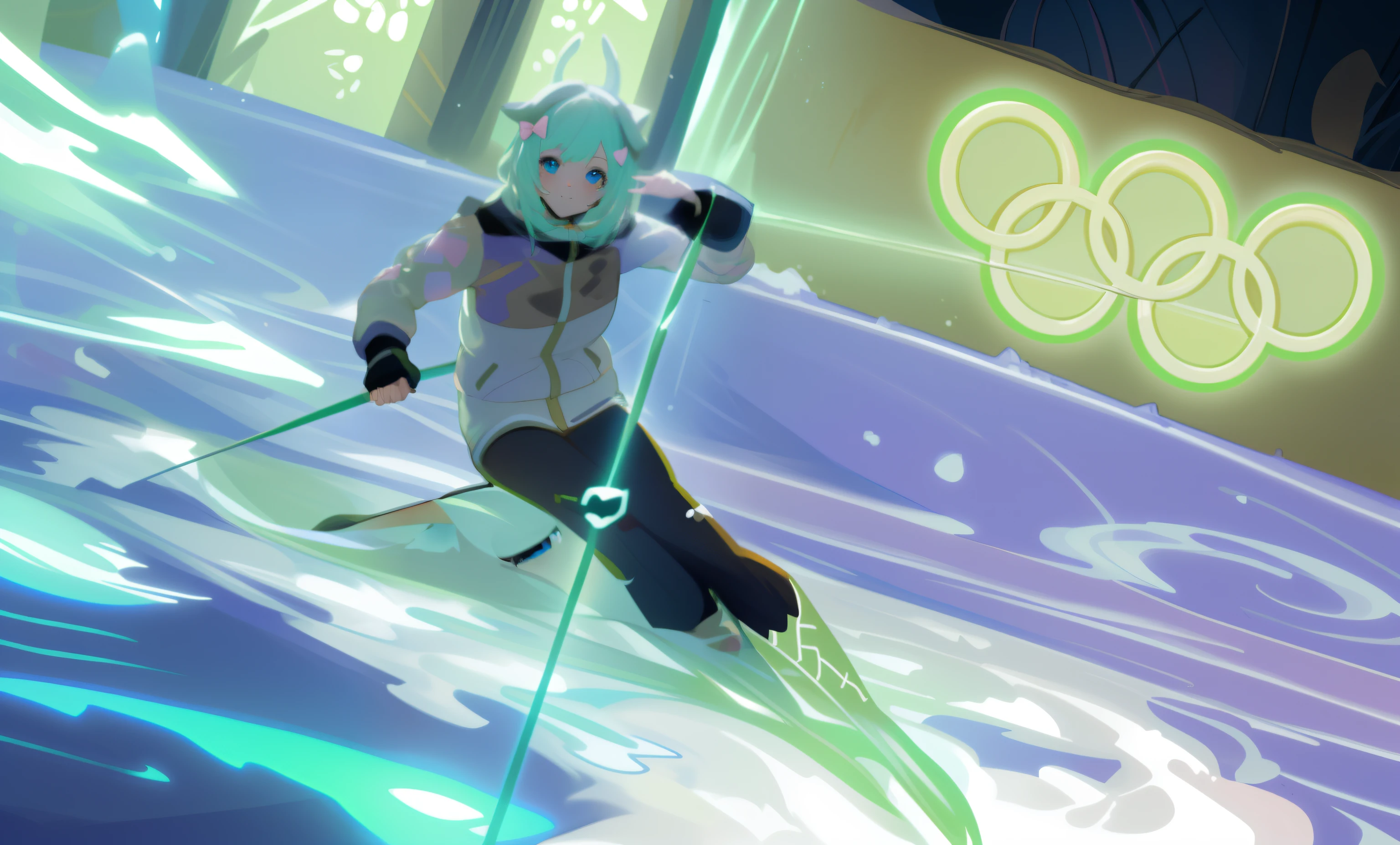 Ski style, 1girll, Pink hair, Animal ears, Blue eyes, view the viewer, Simple background, Say goodbye to hair accessories, Hairstyles, Pink bow, Closed mouth,