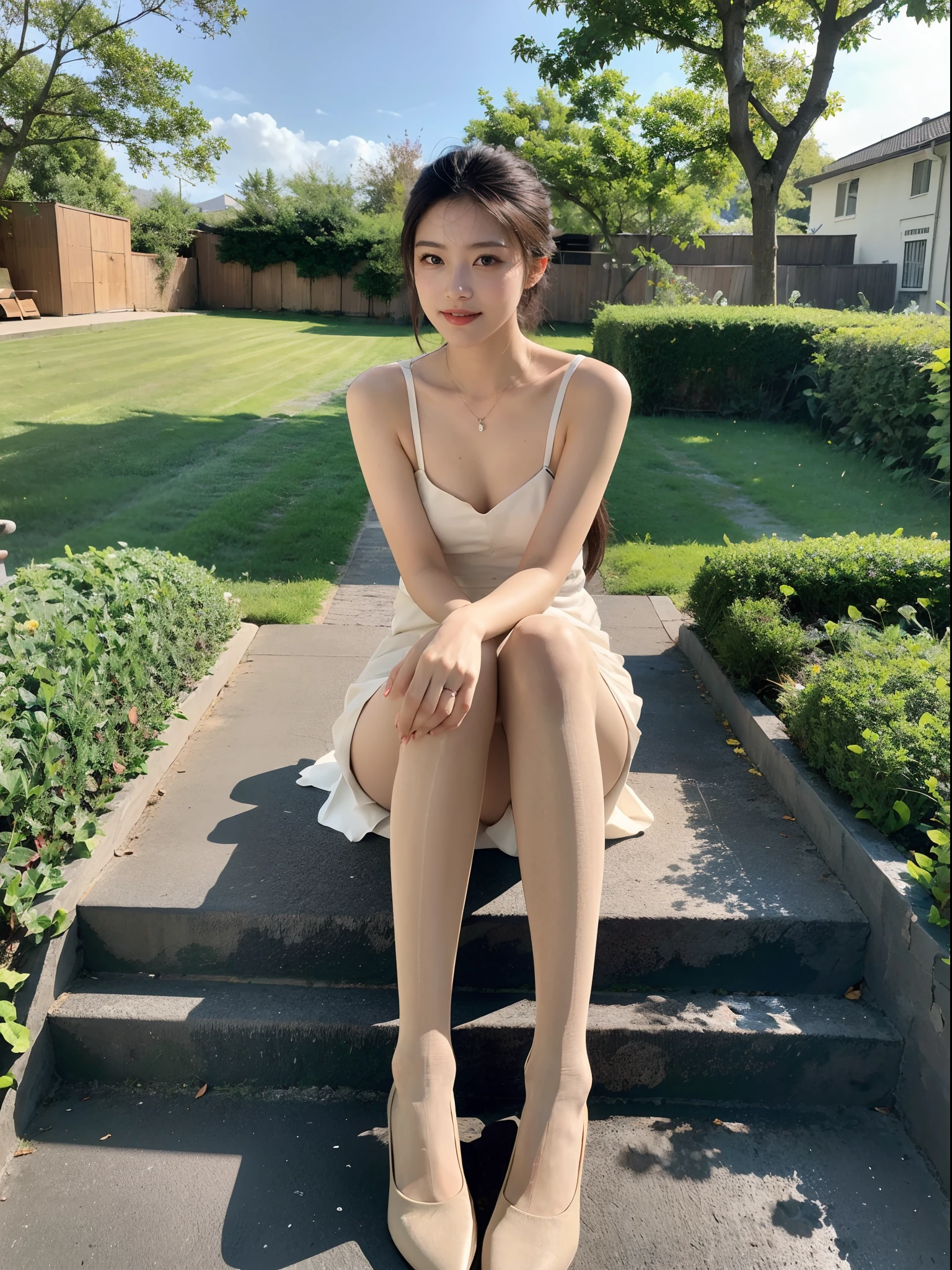 ,Masterpiece, Best quality,8K, 超高分辨率,Reallightandshadow,Cinema lenses,(beautidful eyes:1.1), ((中景 the scene is,The upper part of the body)),dynamicposes,On a green meadow,The gentle goddess came with gentle steps。She wore a white dress,A gentle breeze blows,The skirt dances lightly。The sun shone through the leaves in her hair,Reflecting her clear eyes and gentle smile。Colorful butterflies flutter around her,Flowers bloomed at her feet,It was as if nature was cheering for her。Flesh-colored pantyhose