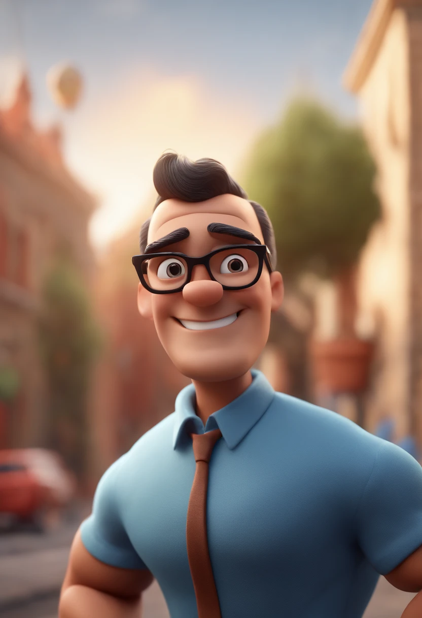 Cartoon character of a man with black glasses and a blue shirt, animation character, Caractere estilizado, animation style rendering, 3D estilizado, Arnold Maya render, 3 d render stylized, toon render keyshot, Personagem 3D, Personagem 3D, 3d rendering stylized, 3 d character render, personagem de desenho animado, Personagem de close up, Pose de personagem,  (Estilo Pixar) (master part:1.2) (Bokeh) (best quality) (pele detalhada) (textura detalhada) (8k) (argila) (Cinematic lighting) (foco nítido