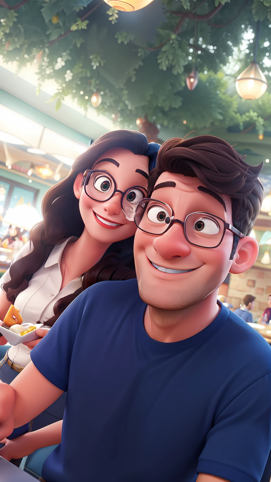 Disney Style Couple With Glasses Smiling In Restaurant.