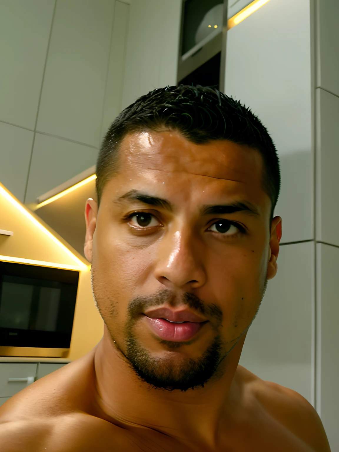 There's a man standing in a kitchen shirtless, (38 anos), Homem de 4 0 anos, Homens de 45 anos, Ronaldo Nazario, 38 anos, Ronaldo Nazario Fenomeno, Homem de 5 0 anos, 3 6 anos, imagem frontal, 3 2 anos, 35 anos