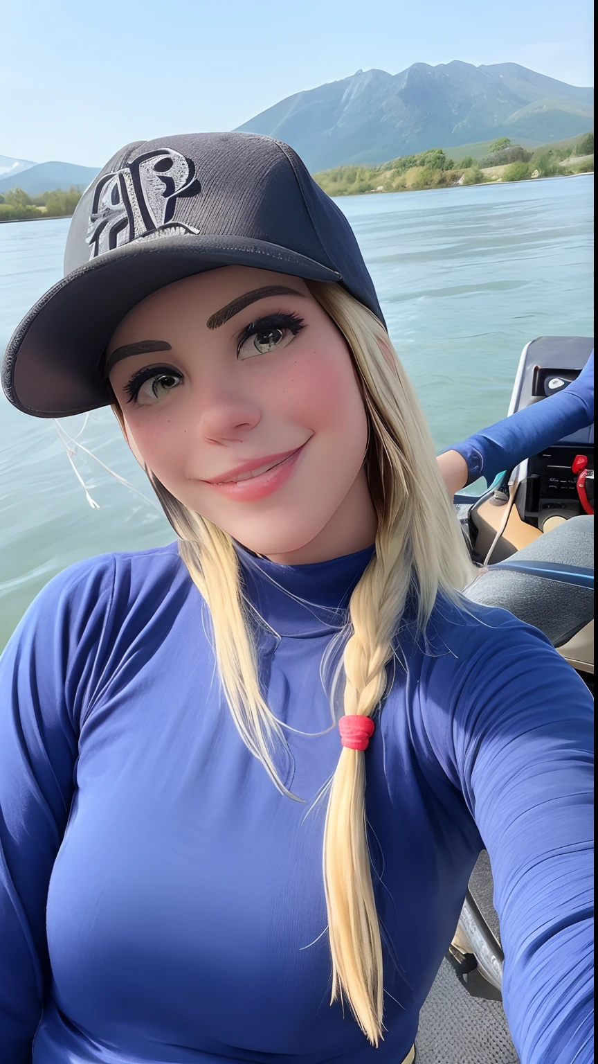 Blonde woman in blue shirt and black hat on boat with mountains in background, wearing a navy blue utility cap, em um barco em um lago, Marischa Becker, vestindo um pescador 🧥, peixes no fundo, Lorena Avarez, em um barco, em um lago, na proa, tirado no iphone 14 pro, Foto selfie 8k