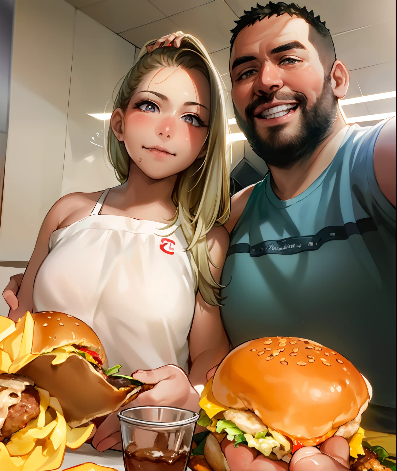 Araffe e uma mulher posando para uma foto com um prato de comida, Directed by: Nandor Soldier, eating burgers, serving burgers, Mukbang, imagem de perfil, São Paulo, Directed by: Matteo Pérez, Directed by: CeFerí Olivé, eating a burger, Fotografia tirada em 2 0 2 0, Directed by: Willian Murai, Directed by: Luis Miranda