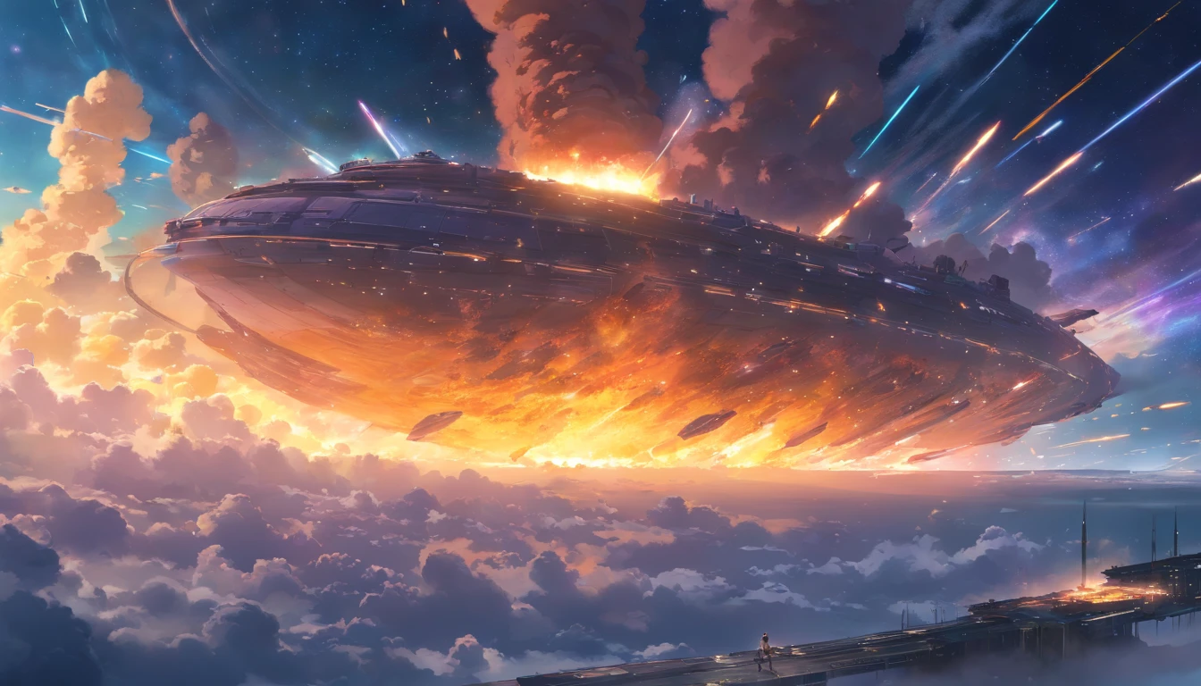 thousands of ships coming out of a black hole in a nebula towards earth in front of a huge Cerberus aggressively standing 100 meters high, localizado em um campo de batalha , Papel de parede de arte conceitual 4K, sci-fi fantasy wallpaper, arte sci fi, arte sci-fi detalhada, bela arte sci fi, Spaceships in overcast sky, arte conceitual obra-prima de arte, arte conceitual 4k, Arte Conceitual 4K, arte conceitual sci fi, mystical sci-fi concept art, fire, Explosions, escombros, sujo