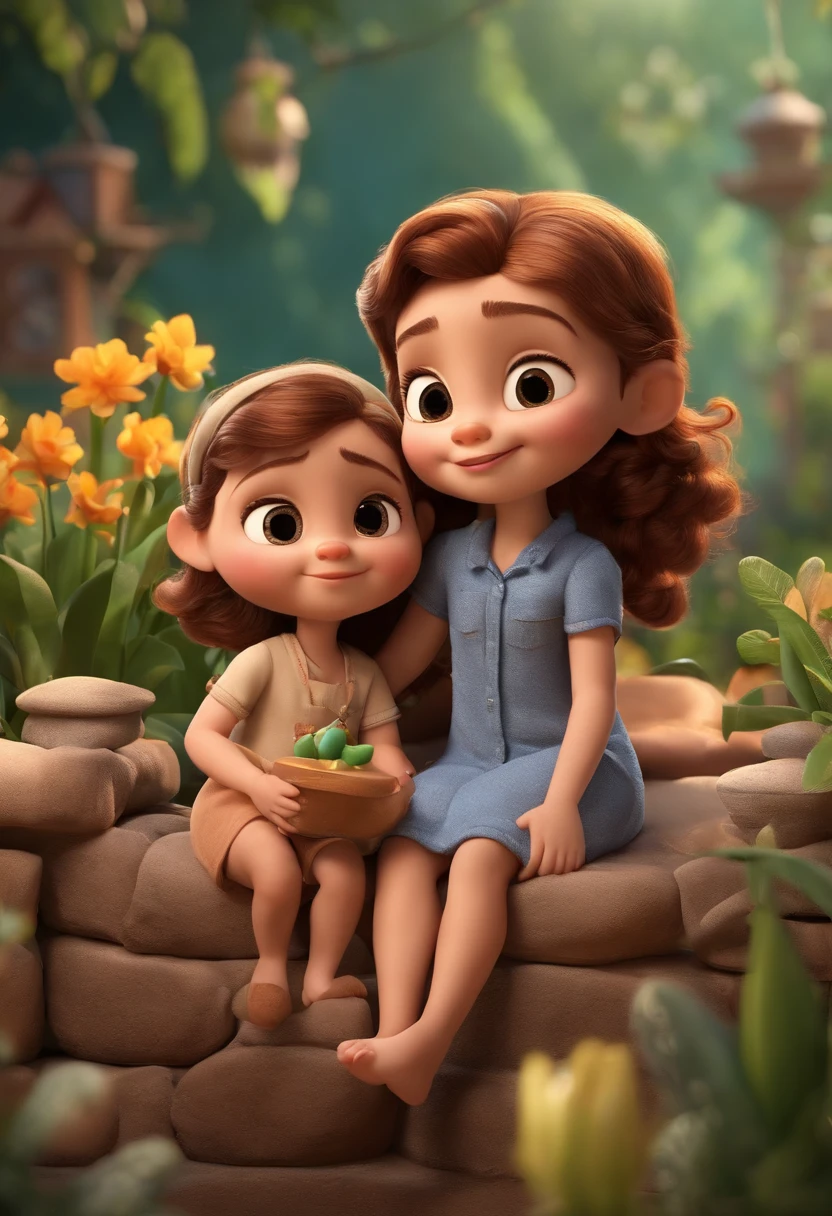 Create a Disney PIXAR-style 3D poster. ((A and a girl )), ((2 children)) ((The babyn the girl's lap They're hugging each other, O menino tem pele castanha e cabelos castanhos escuros e olhos castanhos escuros, 1 menina tem pele clara, olhos claros e cabelos escuros e cacheados) ((tudo isso no estilo Disney PIXAR 3D, In the background,Children in the pool, Gloria Studio, The garden is full of nature 3D render RTX clay material, estilo de design cartunesco, POP Mart, soft lighting, linhas suaves, Spring tilt, Detailed illustrations of PIXAR 3D, Detalhes hiper-realistas, cor quente no estilo Disney PIXAR 3D))