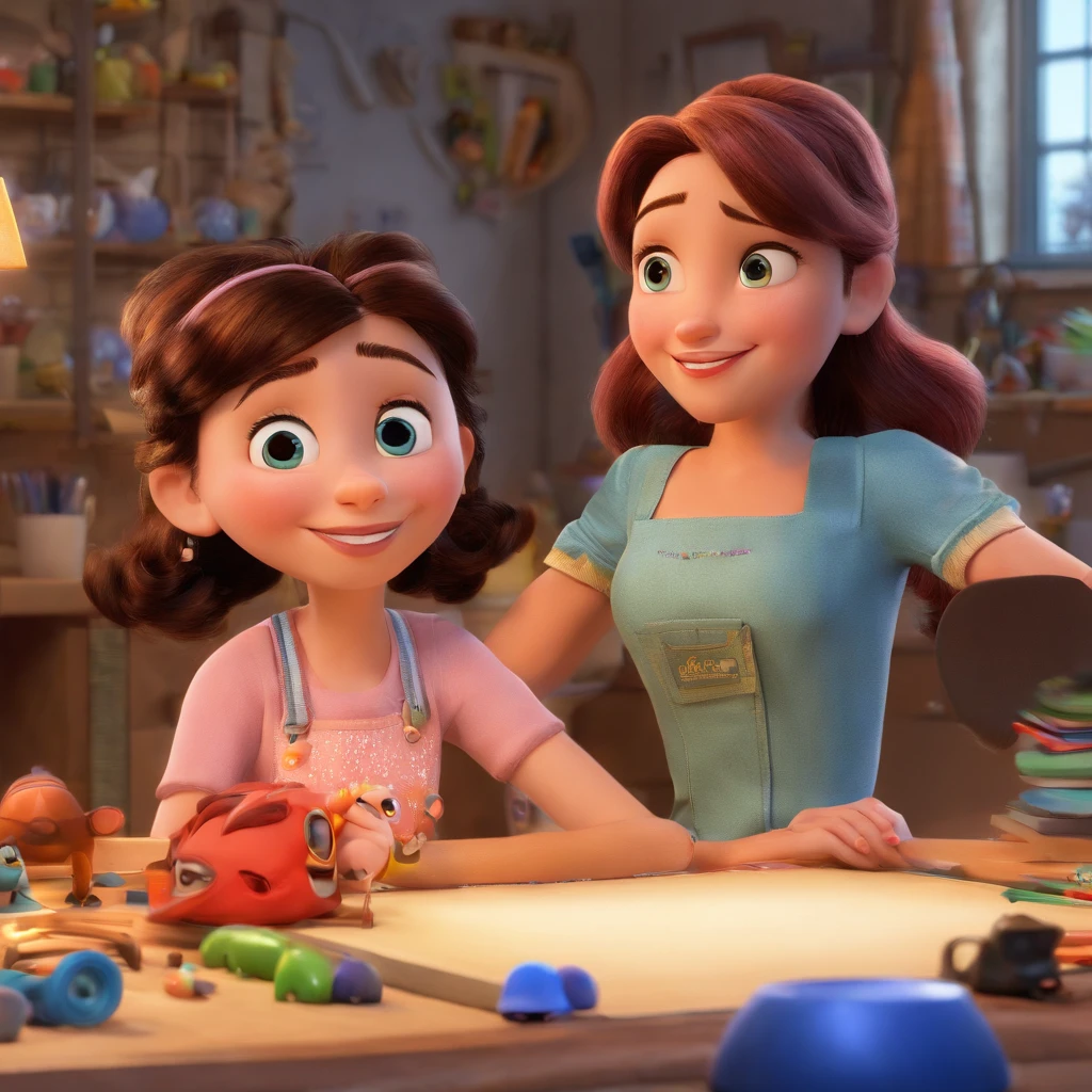 create a 3D Disney Pixar-inspired movie poster, The scene should be in Pixar's signature digital art style, with a caricature image depicting a craftswoman , com cabelos castanhos e longos, apontando para uma faixa escrito "Atelier Jane Passos".