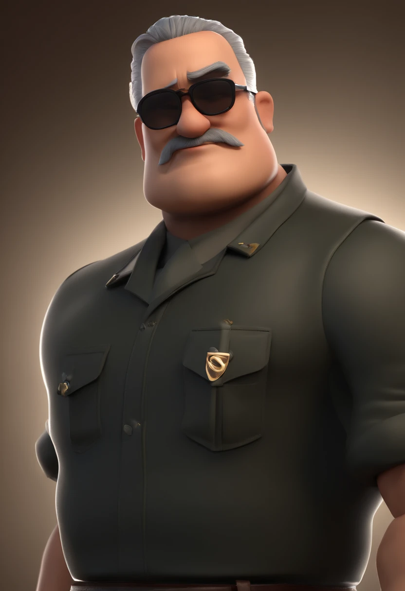 Cartoon character of a man with black glasses and a black polo shirt, cabelos lisos, pouco grisalho,cabelo estilo militar e pouco, com as entradas grandes, With gray beard animation character, Caractere estilizado, animation style rendering, 3D estilizado, Arnold Maya render, 3 d render stylized, toon render keyshot, Personagem 3D, Personagem 3D, 3d rendering stylized, 3 d character render, personagem de desenho animado, Personagem de close up, Pose de personagem,  (Estilo Pixar) (master part:1.2) (Bokeh) (best quality) (pele detalhada) (textura detalhada) (8k) (argila) (Cinematic lighting) (foco nítido