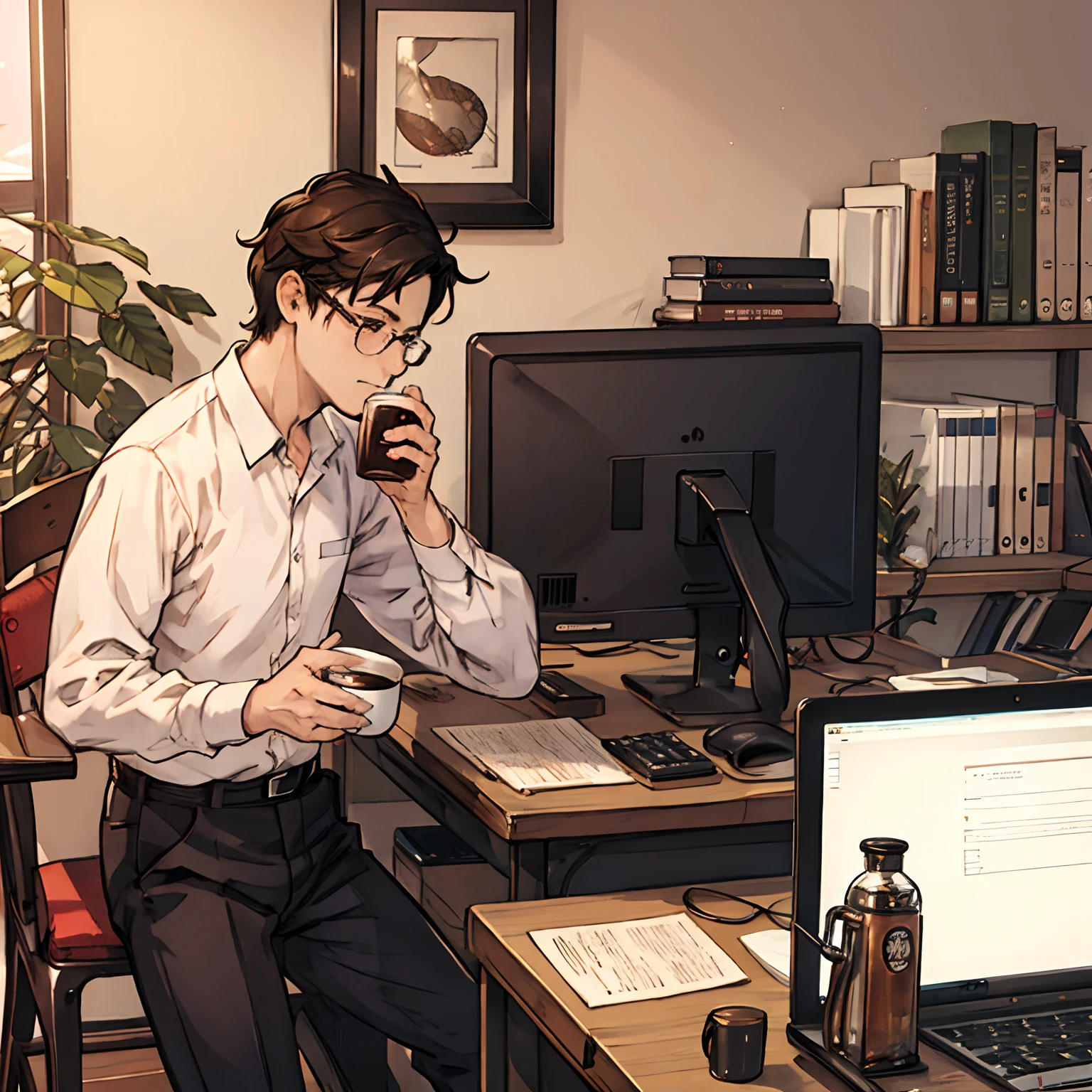 Man drinking coffee while looking at computer in office、Men wear glasses、Man sitting on a chair、Coffee in one hand、profile