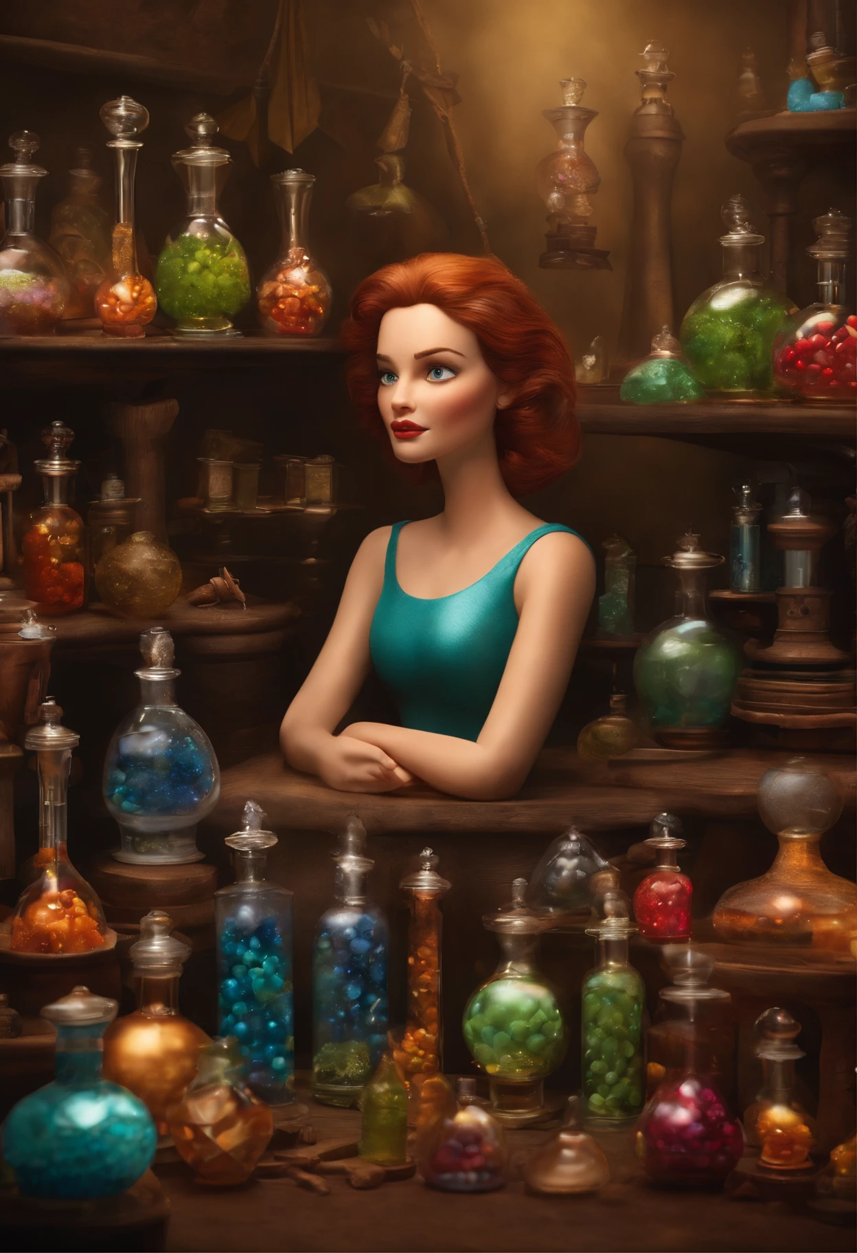 A collector of ideas inspired by Pixar animation, de perto. She is surrounded by a collection of magic vials, each containing a unique idea. The focus is on the character, with a captivating facial expression, Against a backdrop of shimmering, cores efervescentes num cima estelar